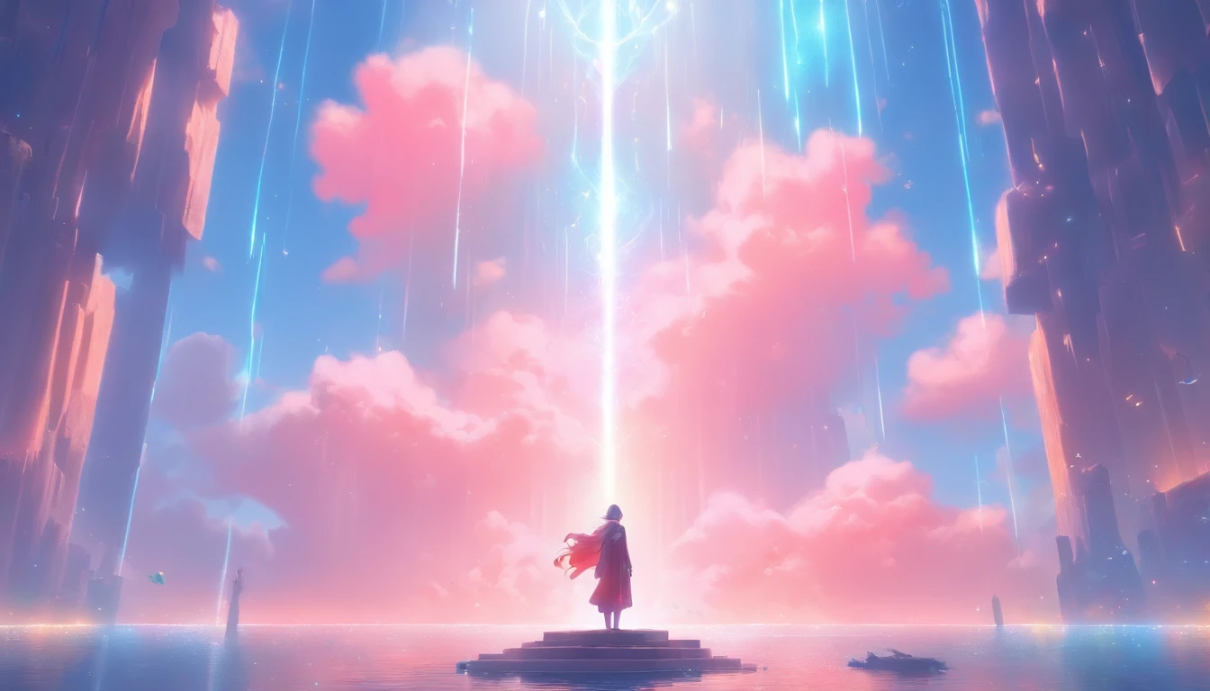 Stuart Lippincott style,God Online,in awe,Light,The Divine World,Floating huge futuristic statue,Skysky,Awe-inspiring and peaceful,Detailed composition,Subtle geometric elements,refuge,Fresh and soft atmosphere,amber hues,Tiny human figures surround huge statues,Fluid,Powerful and small coexist,Yuri Shwedoff style,Philip McKay style,Works of masters,超詳細,HighestQuali,8k