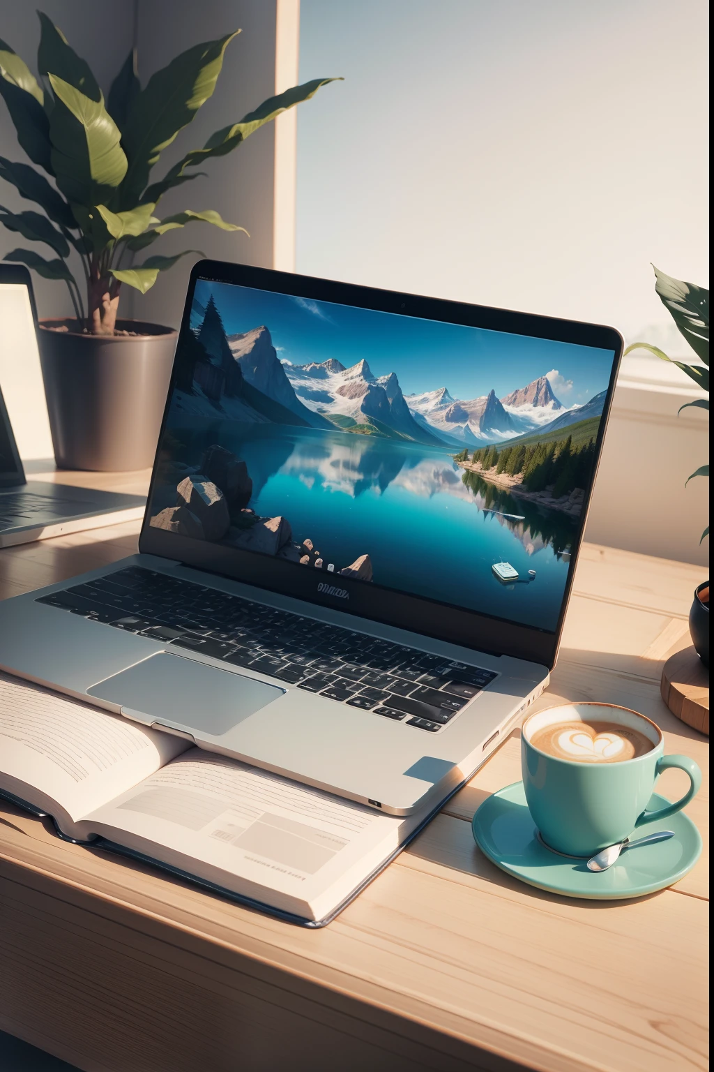 mesa com notebook,caneca de cafe ao lado,oculos sobre a mesa e livros empilhados