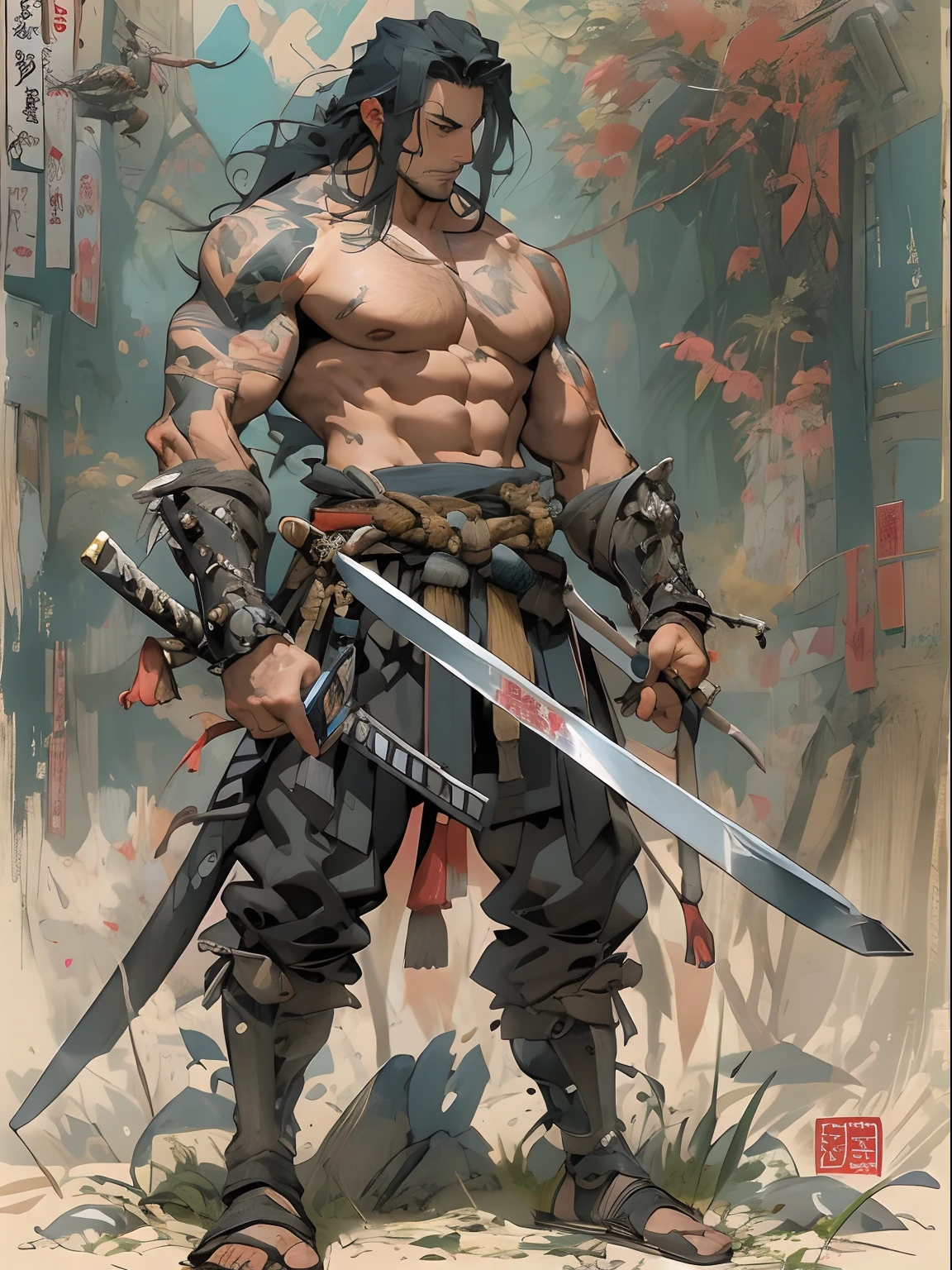 (((mtu))), (((best qualityer))), (((tmasterpiece))), (((AS-Adult))), ((( Japanese ))), Look up from your knees, Handsome Asian samurai，perfect body figure, Modern samurai, ((( Asian))), Wear gloves on your hands，The left arm is made of steel and metal tips，Made of protective devices, The eyes are pulled, (( Appears below the chest )), (( Small dental floss )), Simon Bisley, Almost naked（Simon Bisley）Castle City Wilderness，For high-resolution posters, hair straight, Minimum clothing, armure (Crazy clothes ), Full of tips and rivets, tribal tattoos, (((full bodyesbian))), Straight brunette hair，Colored hair ends