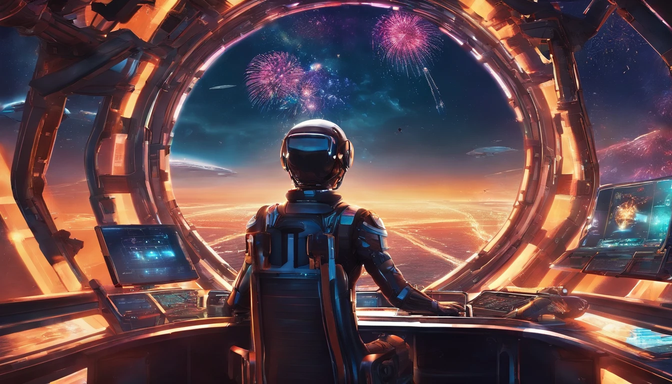 the pilot female is sitting in the cockpit of the robot, looking at the fireworks