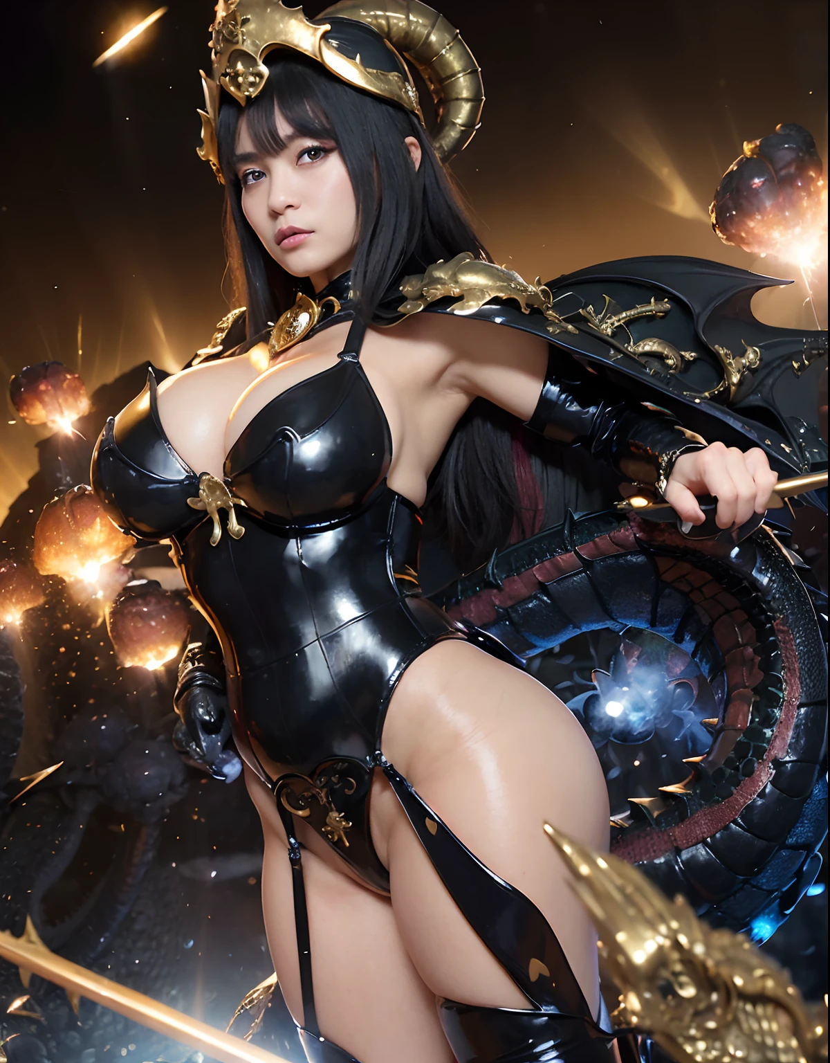 ((World of Darkness)),Professional , masterpiece、top-quality、photos realistic , depth of fields 、(((With a magic wand of gems))),(Dragon Black Metal Body:1.9),(latex black-blue、(cleavage of the breast)(Fight dragons)、、(((Particles of light))),(Micro Bikini Armor:1.7),Gorgeous gold weapons ,(Fight dragons)、Seductive look、(blood splattere、((((With a magic wand))), ) , (((Wearing a black latex wizard hat))),(demonic wings) ,((a blond))、(Castle background)、((Gangle's forest background))、Beautiful Caucasian beauty、1a person、dynamic ungle,(((Detailed and ornate dragon wizard hat)))、Smaller head、A smile、Castle background、Thin and beautiful female hands、cleavage of the breast、Soldier in iron armor on background、Mystical expression、Light Effects、intense fighting、Wind-effect、magic circles、With the legendary magic wand、Dragon's tail、explosions、Toostock、Toostock、