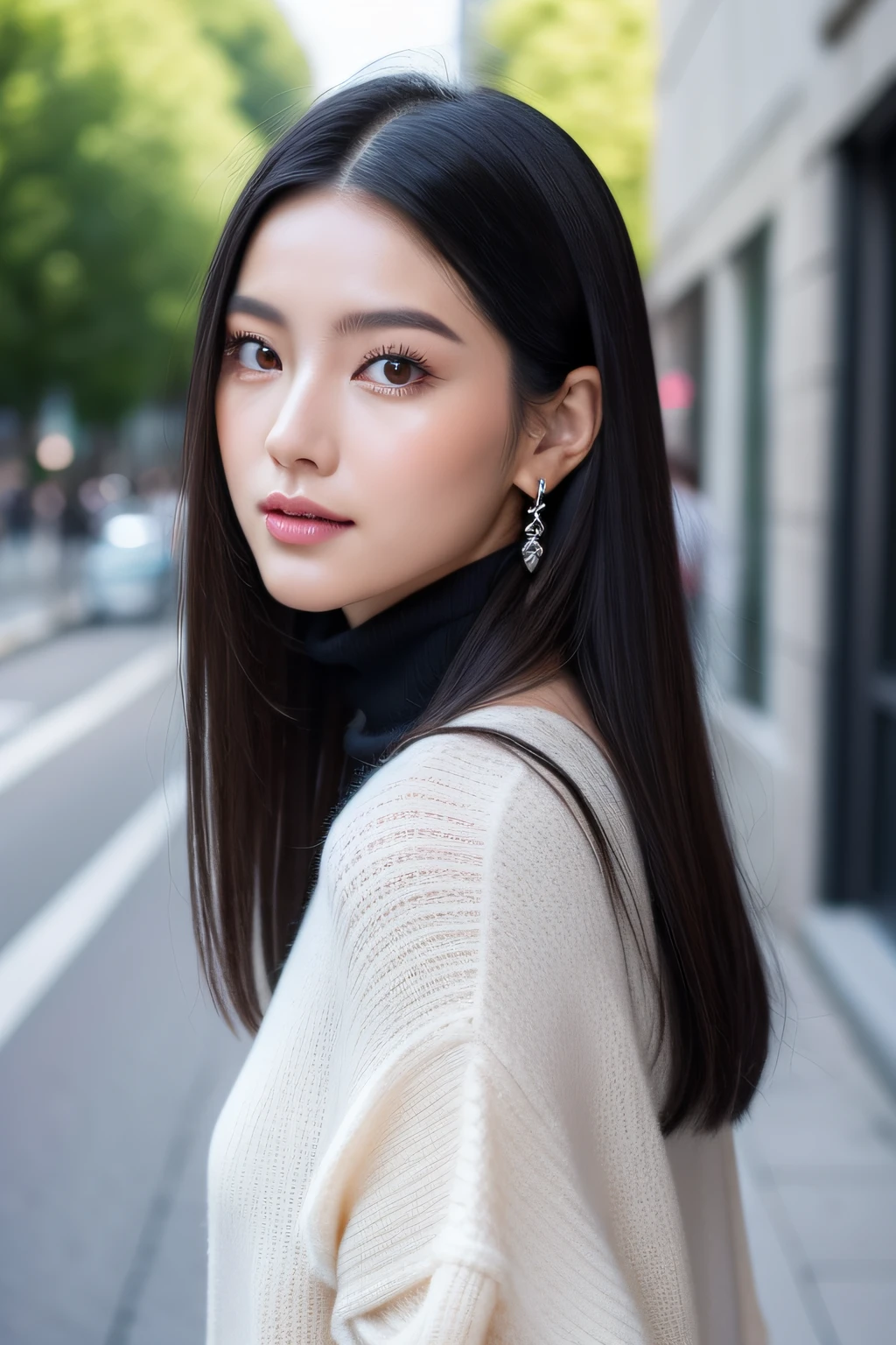 (8K,realisticlying,extra detailed face,poster for,动态照明,street snap,full body Esbian,tmasterpiece,optimum)
Early autumn cityscape,Sunlight shines through the sparse clouds,Soft light illuminates the street photo girl。Her long black hair was scattered over her shoulders.、Fluttered slightly,Gently the autumn breeze gently caressed her face,Reflecting her fair skin,It seems to reveal a natural blush。She is slender and、Has slender eyebrows,deep eye,Exudes kindness and intelligence。In terms of makeup,She chose light makeup,Natural and feminine。Her skin looks very transparent,As if there were no flaws。Eye makeup is sophisticated and bright,She outlined bright eye sockets with pale pink eyeshadow,Next、Using fine eyeliner、Outline the contour around the pupil,Finally, Apply a thick layer of mascara,Wake up。Clothing Details,She chose stylish and simple clothes。She wears a loose half-turtleneck cardigan,The color is warm and soft,exude early autumn temperatures。The lower body is paired with skinny jeans,It shows her slender and attractive leg lines。She wore simple and stylish black tall boots,It is comfortable and、Her youth々Emphasizes vitality。Aspects of the details,She wears silver earrings,Slightly shimmering,Add highlights to the overall look。On his wrist is a delicate watch,Stylish and classy。She has a charming little handbag,Complement your outfit。This early autumn street photo of the girl, makeup, And the details of the drawn clothes,Show off her natural beauty、Fashion taste and youth々Vitality,Attracts the attention of countless passers-by。