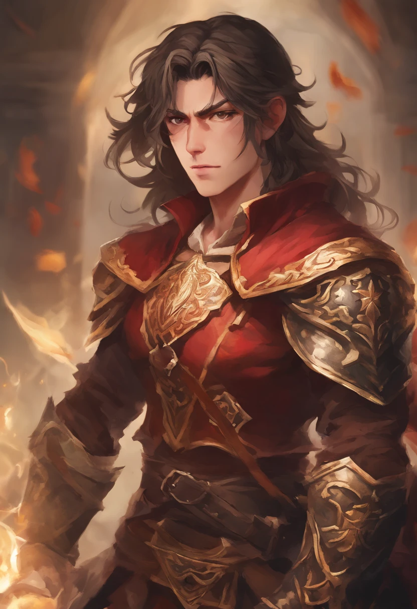 Homem adulto, Alto sem pelos faciais, Rosto redondo, square jawline, cabelos pretos, Cabelos Longos, eye reflection, Olhos vermelhos, sorriso sedutor, armadura dourada, Knights of the Zodiac Style, Cavaleiro de ouro, arm shield, Escudo redondo, heroic posture, arte conceitual, anime, Estilo anime, Cinematic lighting, motion blur, simetria, cowboy shot, F/1.2, 35 mm, Hasselblad, detalhes altos, alta qualidade, pele texturizada, melhor qualidade, 8k