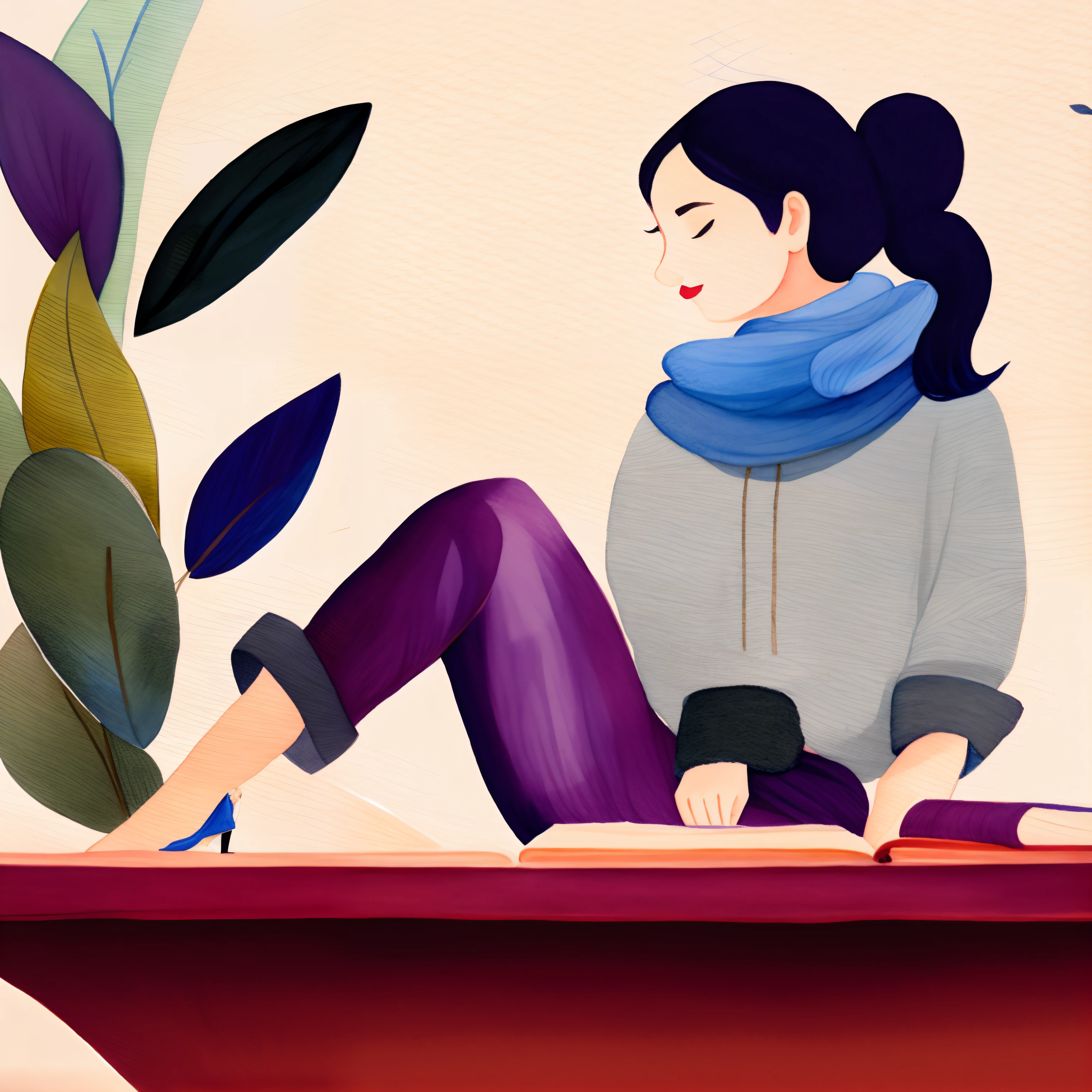 watercolor style, a woman sitting on a ledge reading a book, reading a book, book portrait, reading new book, book illustration, trying to read, illustration style, reading the book about love, reading, minimalist illustration, minimalistic illustration, wearing a scarf, serene illustration, inspired by Esaias Boursse, digital illustation, illustrations, shaded flat illustration, simple and clean illustrations woman sitting on a ledge reading a book, reading a book, book portrait, reading new book, book illustration, trying to read, illustration style, reading the book about love, reading, minimalist illustration, minimalistic illustration, wearing a scarf, serene illustration, inspired by Esaias Boursse, digital illustration, illustrations, shaded flat illustration, simple and clean illustrationTrending on artstation, by Rachel Walker