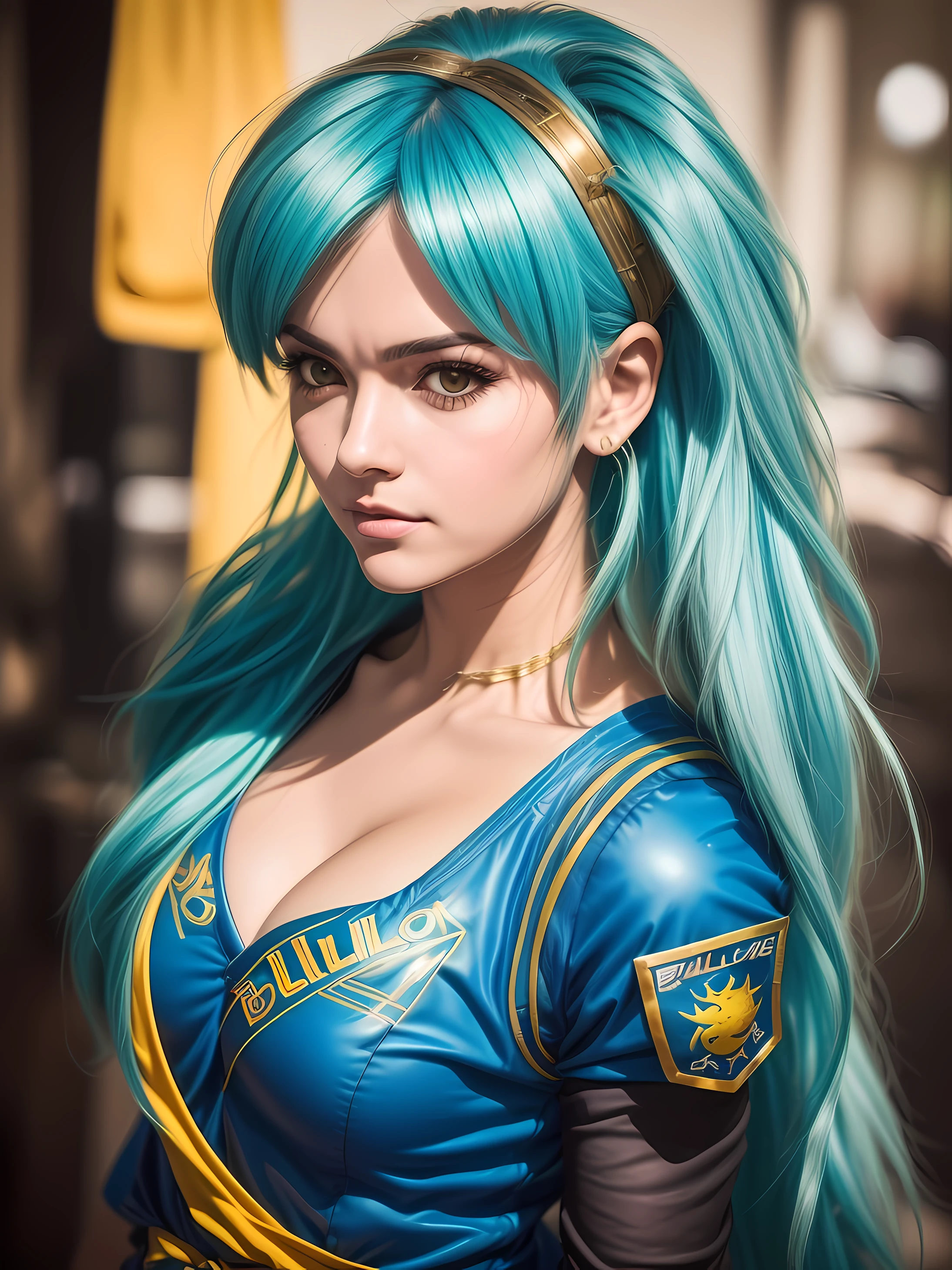 ((Uma linda mulher jovem atraente, fotorrealista, com traje de cosplayer de Bulma, personagem inspirado de dragon ball, cosplayer realista:1.2)) ,extremamente detalhado, melhor qualidade, de ((foto retrato do rosto:1.5), (Foto RAW, 8k UHD, qualidade superior, melhor qualidade, altamente detalhado: 1.2),