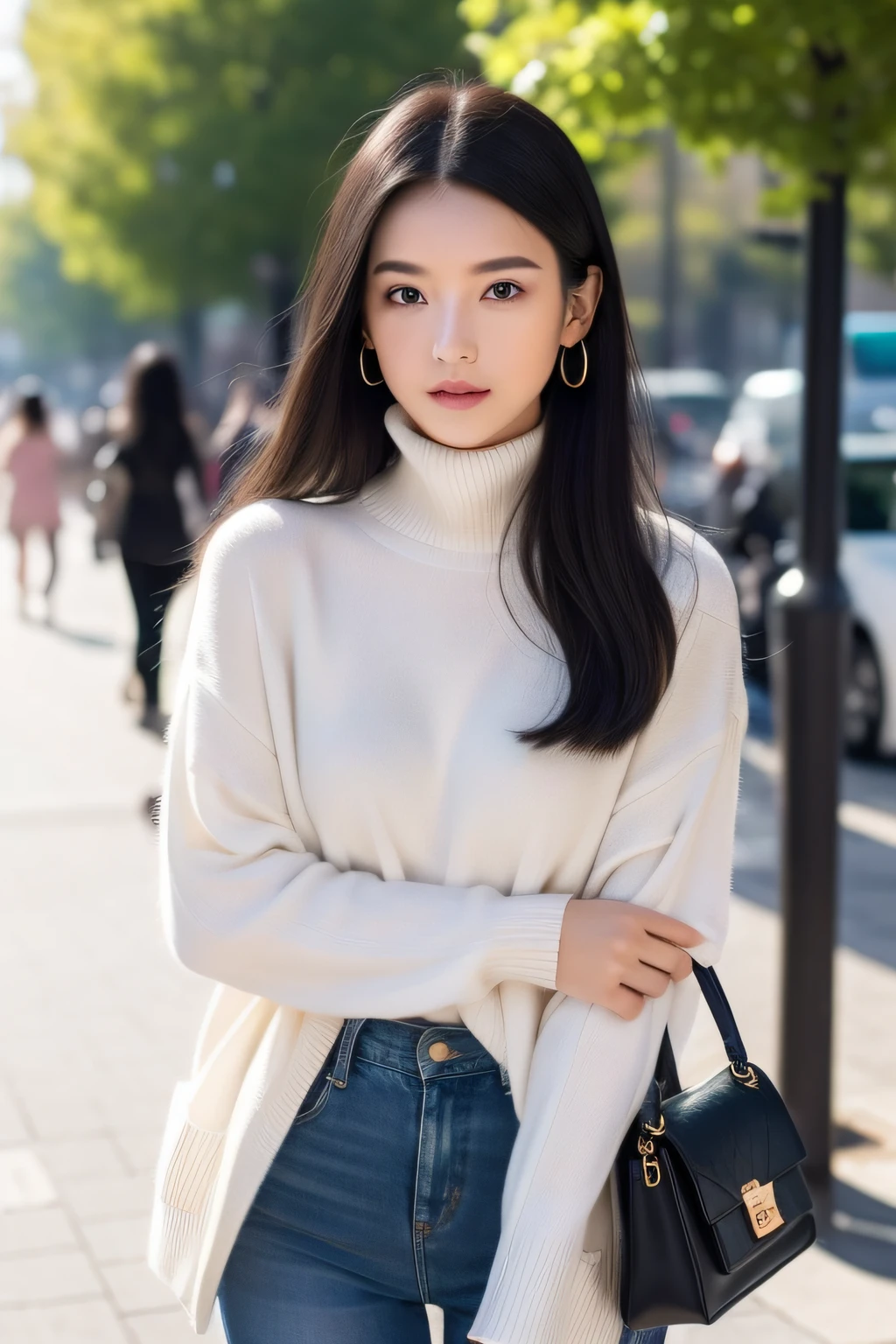 (8K,realisticlying,extra detailed face,poster for,动态照明,street snap,full body Esbian,tmasterpiece,optimum)
Early autumn cityscape,Sunlight shines through the sparse clouds,Soft light illuminates the street photo girl。Her long black hair was scattered over her shoulders.、Fluttered slightly,Gently the autumn breeze gently caressed her face,Reflecting her fair skin,It seems to reveal a natural blush。She is slender and、Has slender eyebrows,deep eye,Exudes kindness and intelligence。In terms of makeup,She chose light makeup,Natural and feminine。Her skin looks very transparent,As if there were no flaws。Eye makeup is sophisticated and bright,She outlined bright eye sockets with pale pink eyeshadow,Next、Using fine eyeliner、Outline the contour around the pupil,Finally, Apply a thick layer of mascara,Wake up。Clothing Details,She chose stylish and simple clothes。She wears a loose half-turtleneck cardigan,The color is warm and soft,exude early autumn temperatures。The lower body is paired with skinny jeans,It shows her slender and attractive leg lines。She wore simple and stylish black tall boots,It is comfortable and、Her youth々Emphasizes vitality。Aspects of the details,She wears silver earrings,Slightly shimmering,Add highlights to the overall look。On his wrist is a delicate watch,Stylish and classy。She has a charming little handbag,Complement your outfit。This early autumn street photo of the girl, makeup, And the details of the drawn clothes,Show off her natural beauty、Fashion taste and youth々Vitality,Attracts the attention of countless passers-by。