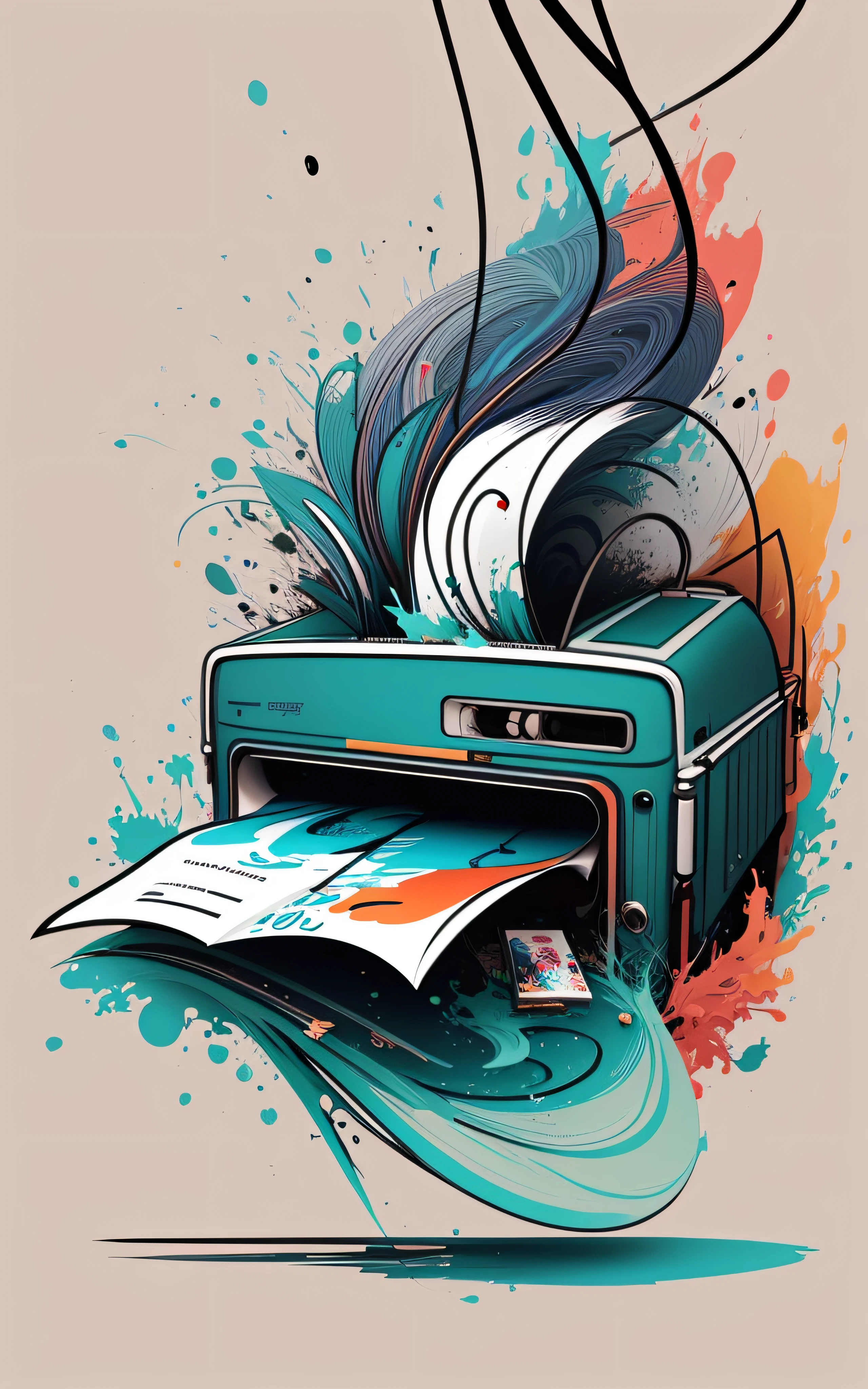 um desenho de uma impressora com um papel e uma caneta, in illustration style digital, illustration style, 2 d arte vetorial digital, Arte vetorial digital 2D, mixed media style illustration, arte do Adobe Illustrator, full-colour illustration, color digital illustration, illustration art, poster illustration, digital illustation, digital art illustration, detailed digital illustration, digital illustation