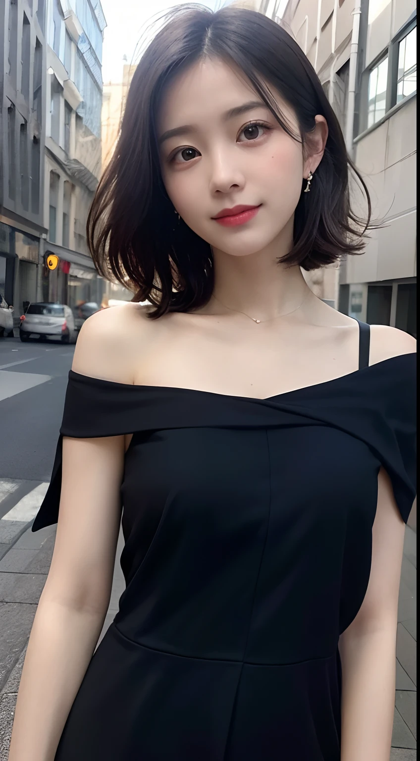 randome pose, mix4, (8K, RAW Photography, top-quality, masterpiece: 1.45), (realisitic, Photorealsitic: 1.37), one girls, cute little, a smile、Cityscape, natta, profetional lighting, photon maping, Radio City, physically-based renderingt, Gradient black hair, white hair, short curly hair, a handsome, girl with, tiny chest,Dress-off shoulder, top quality photo, hight resolution, 1080p, (clearface), (Detailed face description), (Detailed hand description), (masterpiece), realisticlying, Extreme light and shadow, dishevled hair, masterwork, lush detail, (Fine facial features), (Highest quality photos), (masterpiece), (finely eye), dual、Look in front of you, fine clavicle,Emphasis on the armpits、Show lower milk