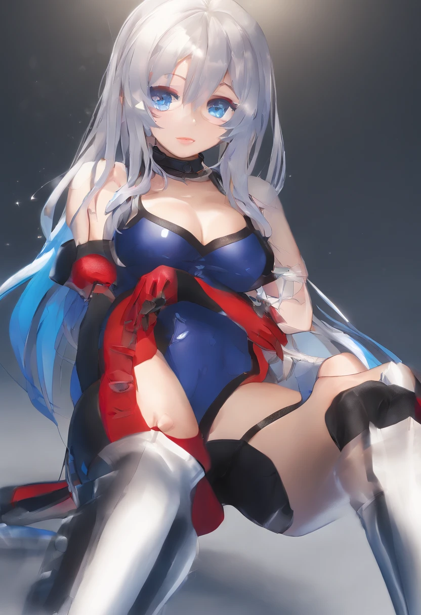 (((Long silver hair)))、((Navy blue knee-high boots))、((Long navy blue gloves))、(((Black Leotard)))、(((Blue eyes)))、(((red blush)))、(((I have my mouth wide open)))、(((Teary face)))、(((Wink)))、((cyberpunked))、((((Red Domino Mask))))、(((prison)))、(((Only one woman)))、((Chains on the collar))、(((Crying face))) 、(((Stretching legs)))、(((Arms above the head)))、((perspiring))、(((Water droplets on the body))、(((Stretch your arms forward)))、(((Slouched)))、(((Torn white pantyhose)))