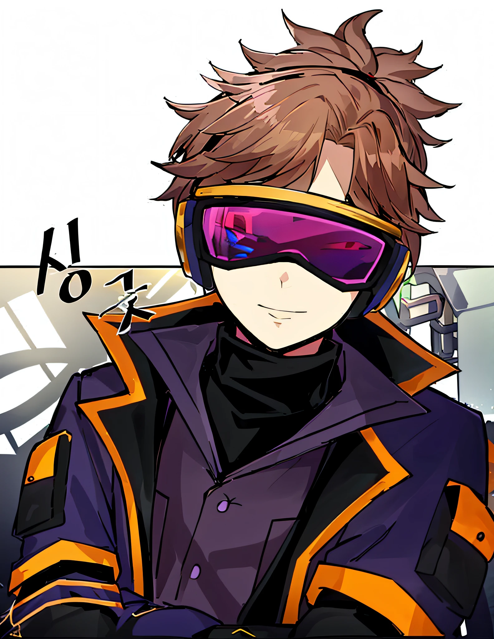 um close up de uma pessoa vestindo uma jaqueta roxa e amarela, ele usa um tapa-olho, Como um personagem de Overwatch, goggles around his neck, with neon visor, estilo de arte persona, Gatilho Estilo de Arte de Anime, usando um tapa-olho, cyber goggles, De Overwatch, estilo de arte desconhecido, como personagem de overwatch, como um personagem de anime, 2 0 2 2 estilo anime