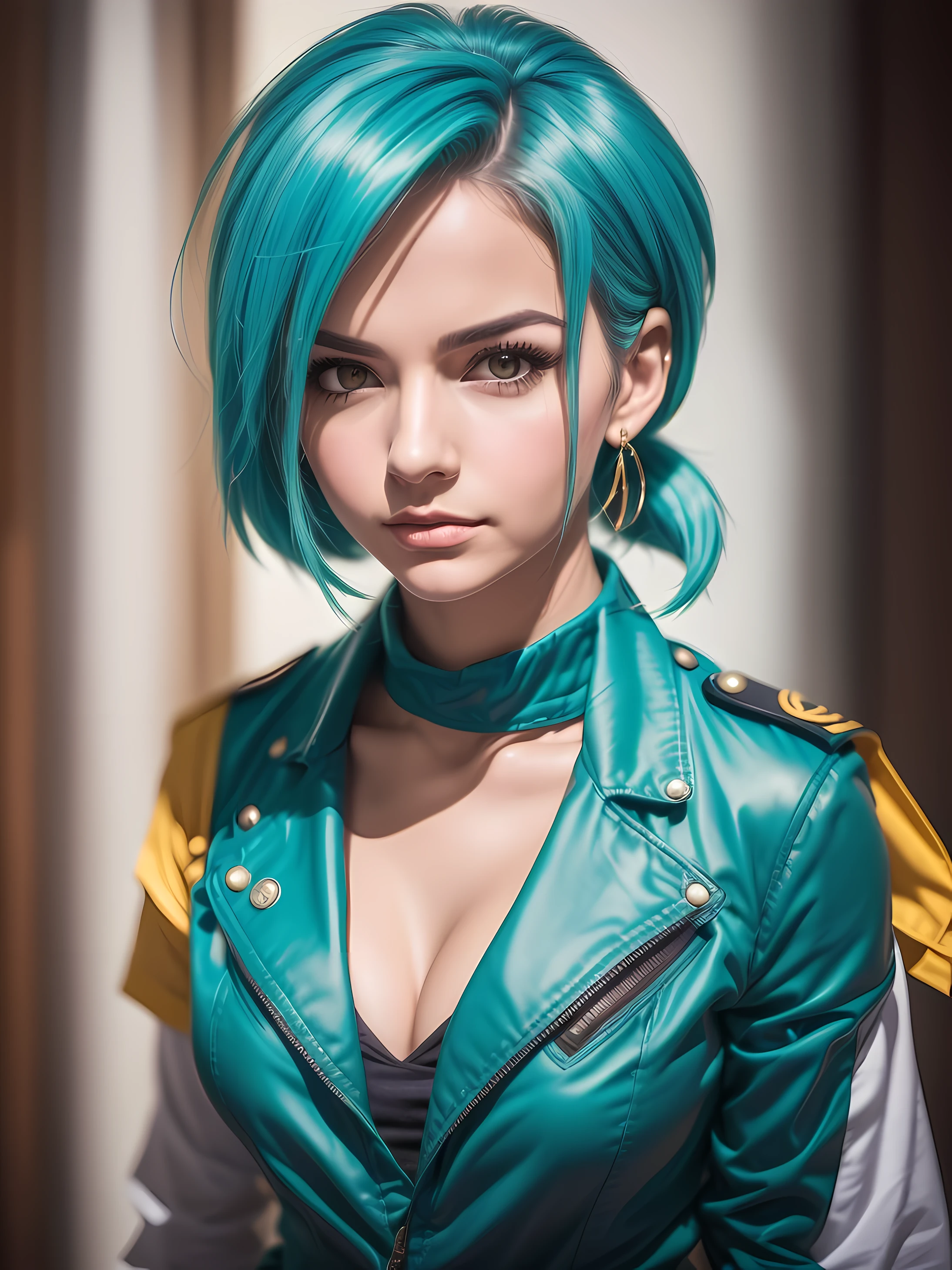 ((Uma linda mulher jovem atraente, fotorrealista, com traje de cosplayer de Bulma, personagem inspirado de dragon ball, cosplayer realista:1.2)) ,extremamente detalhado, melhor qualidade, de ((foto retrato do rosto:1.5), (Foto RAW, 8k UHD, qualidade superior, melhor qualidade, altamente detalhado: 1.2),