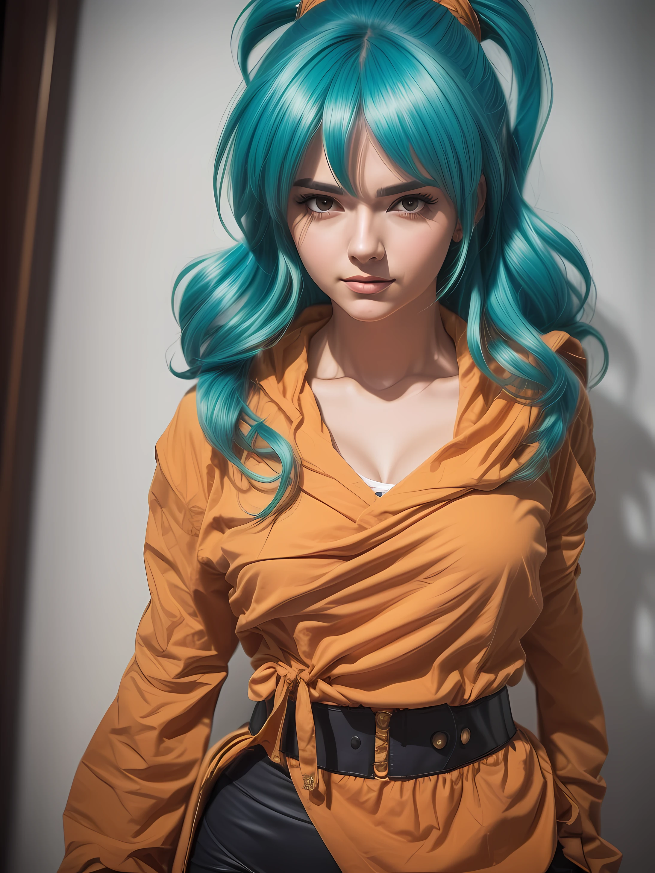 ((Uma linda mulher jovem atraente, fotorrealista, com traje de cosplayer de Bulma, personagem inspirado de dragon ball, cosplayer realista:1.2)) ,extremamente detalhado, melhor qualidade, de ((foto retrato do rosto:1.5), (Foto RAW, 8k UHD, qualidade superior, melhor qualidade, altamente detalhado: 1.2),