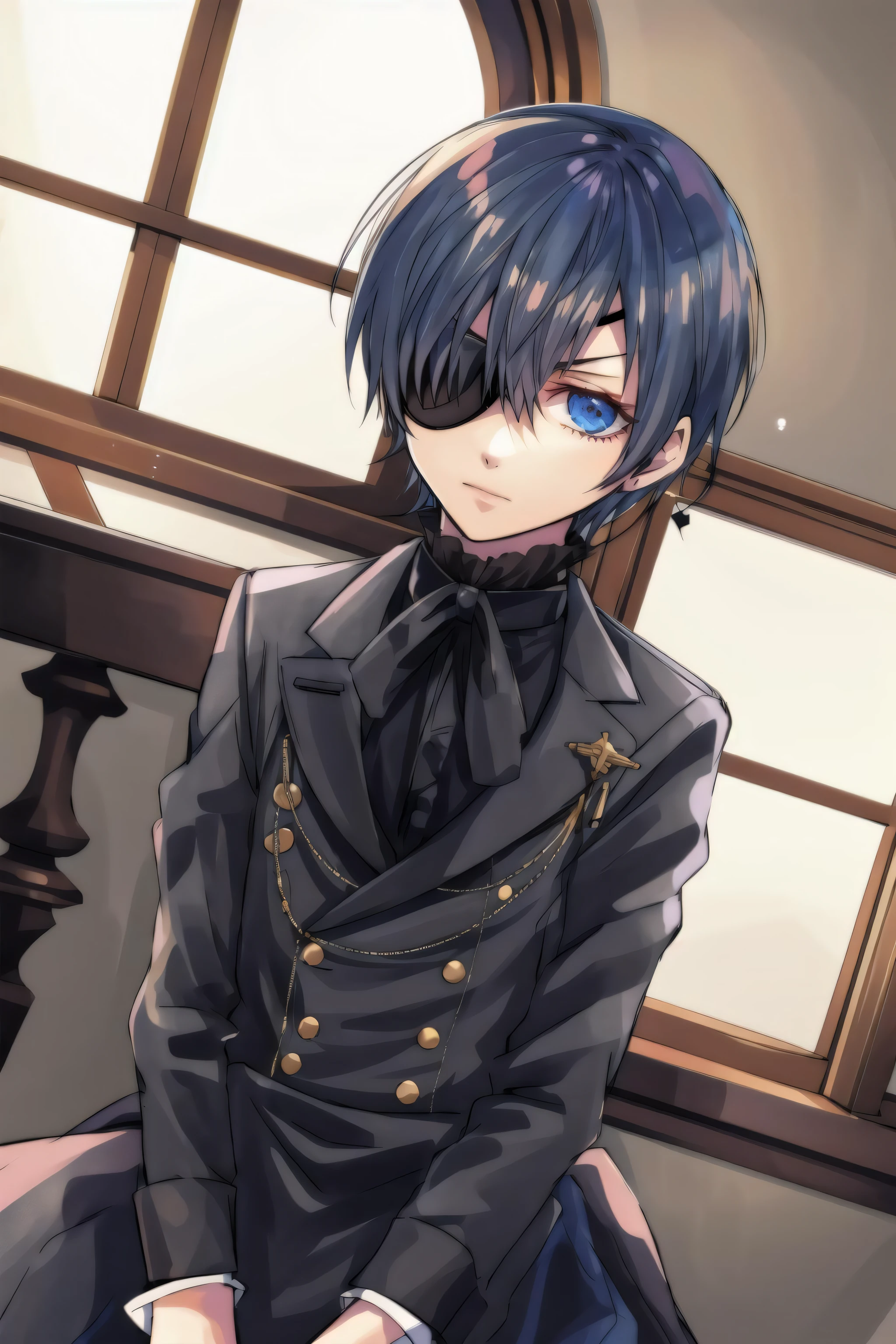 cielv2, 1boy, solo, looking at viewer, eyepatch, indoors,