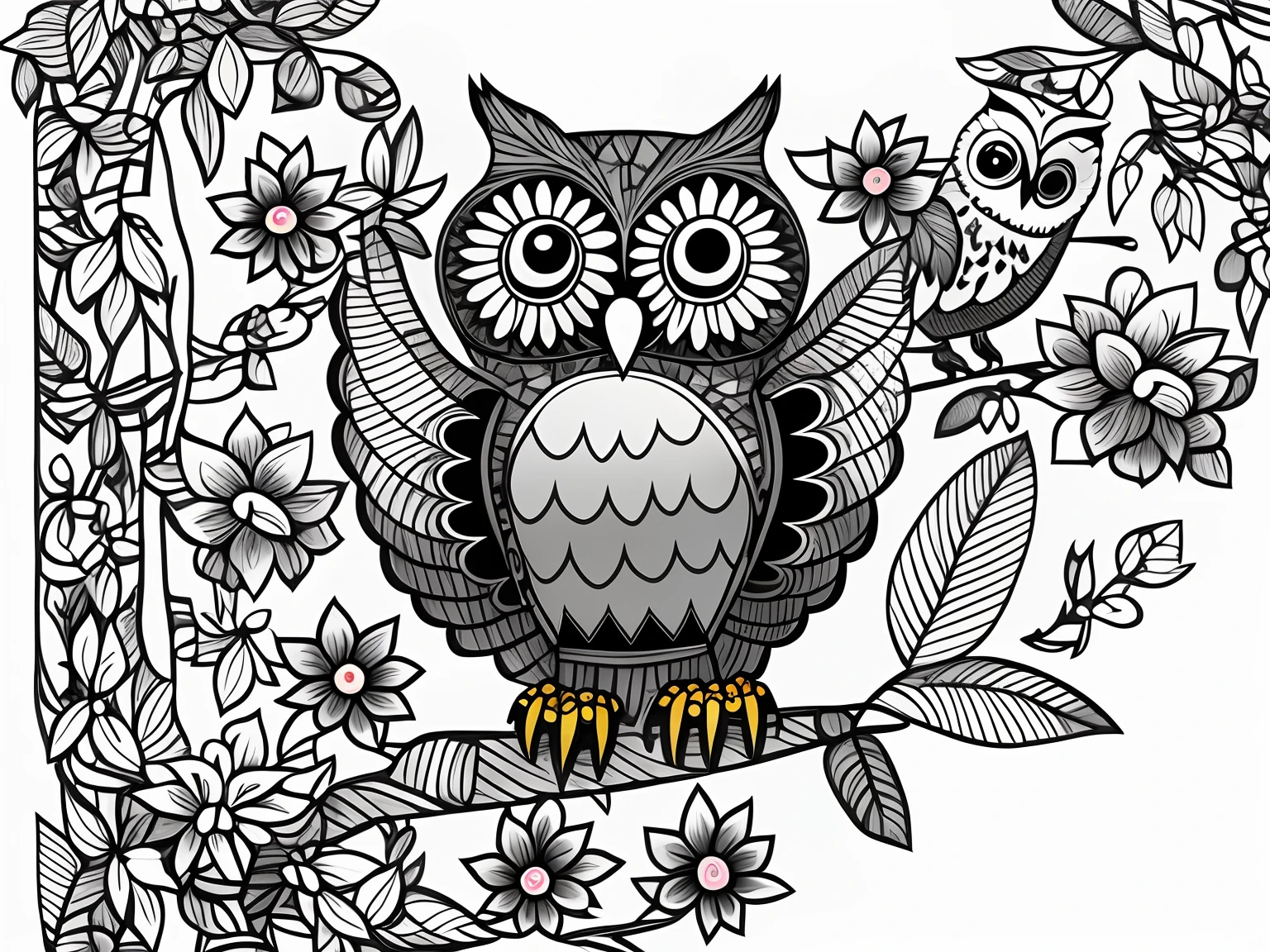 Vivid pastels、24 colors filled、Owl sitting on a branch surrounded by flowers Glowing owl, very detailed illustration, HD Vector Art, 24 colors vector art, coloring book outline, 24-color coloring, glowing owl, Black outline of illustration, very detailed illustration, hd illustration, intricate illustrations, owl, High Quality Illustrations, sketch black and white colors, owls, Cute owl