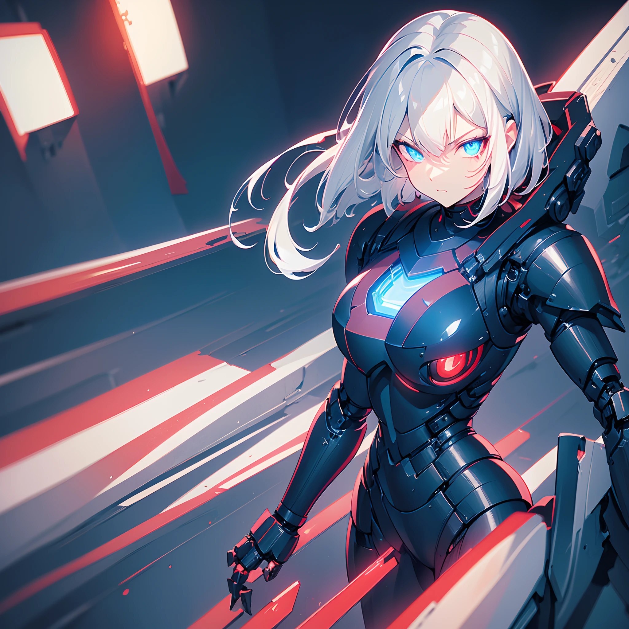 1 girl, solo, heavy futuristic armour, black heavy suite armour, red lights, white hair, short hair, blue eyes, (dim_lighting:1.5), wearing glowing claws, looking at viewer, serious look, zoomed out, head exposed