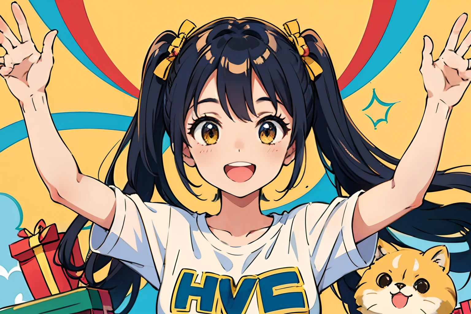 Best quality、超A high resolution、full bodyesbian、Sunny,Girl opens gift wrapping,Long-haired girl,Cute and lively girl、cheerfulness,Lots of gifts,Wear a boyfriend-style loose T-shirt、The action is lively and lively, Cute happy smile