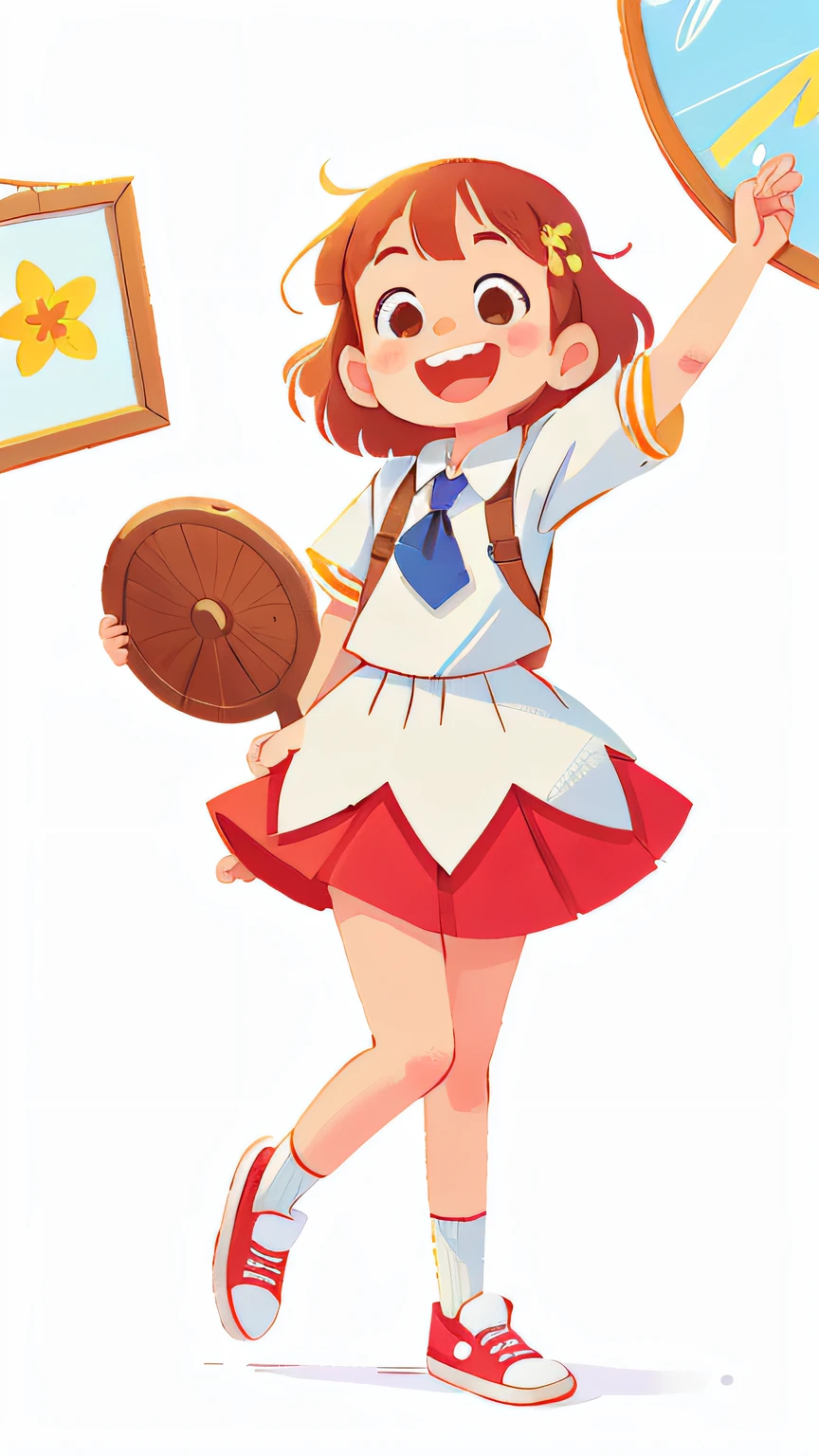happy smiling students is standing holding a beautiful picture frame above her head, full body ((white background))