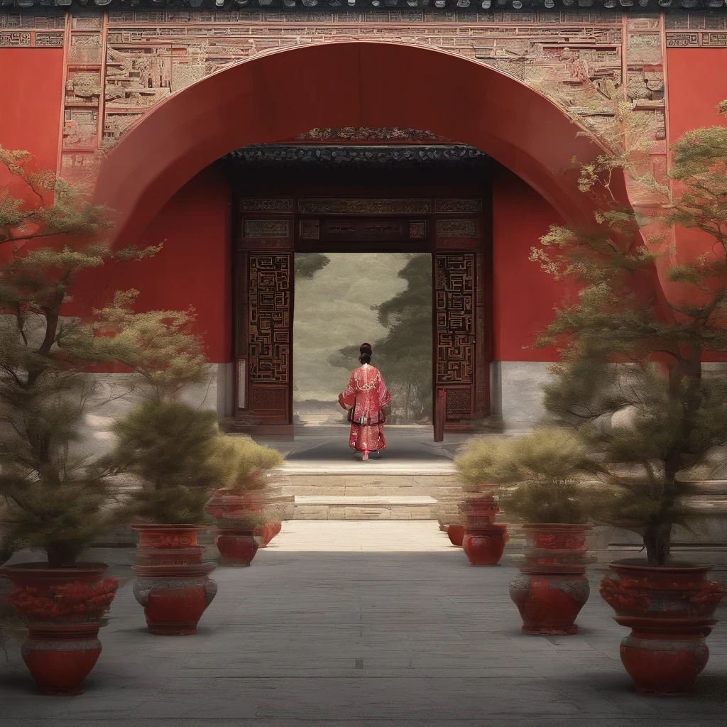 A painting depicting a person walking, There are very detailed classical Chinese phylums and plants, Mystical background, Layered sky, Red and black, Backlight, Traditional Chinese landscape style, New traditions, eastern style, James Turrell, Plants are rich in history, Fan Kuan's style, Spooky reality, And cunning. I can't believe how beautiful this is. symetrical composition, magnificent scale, strong use of negative space, facing up, one-point perspective, Realistic hyper-detail, 8K, k hd