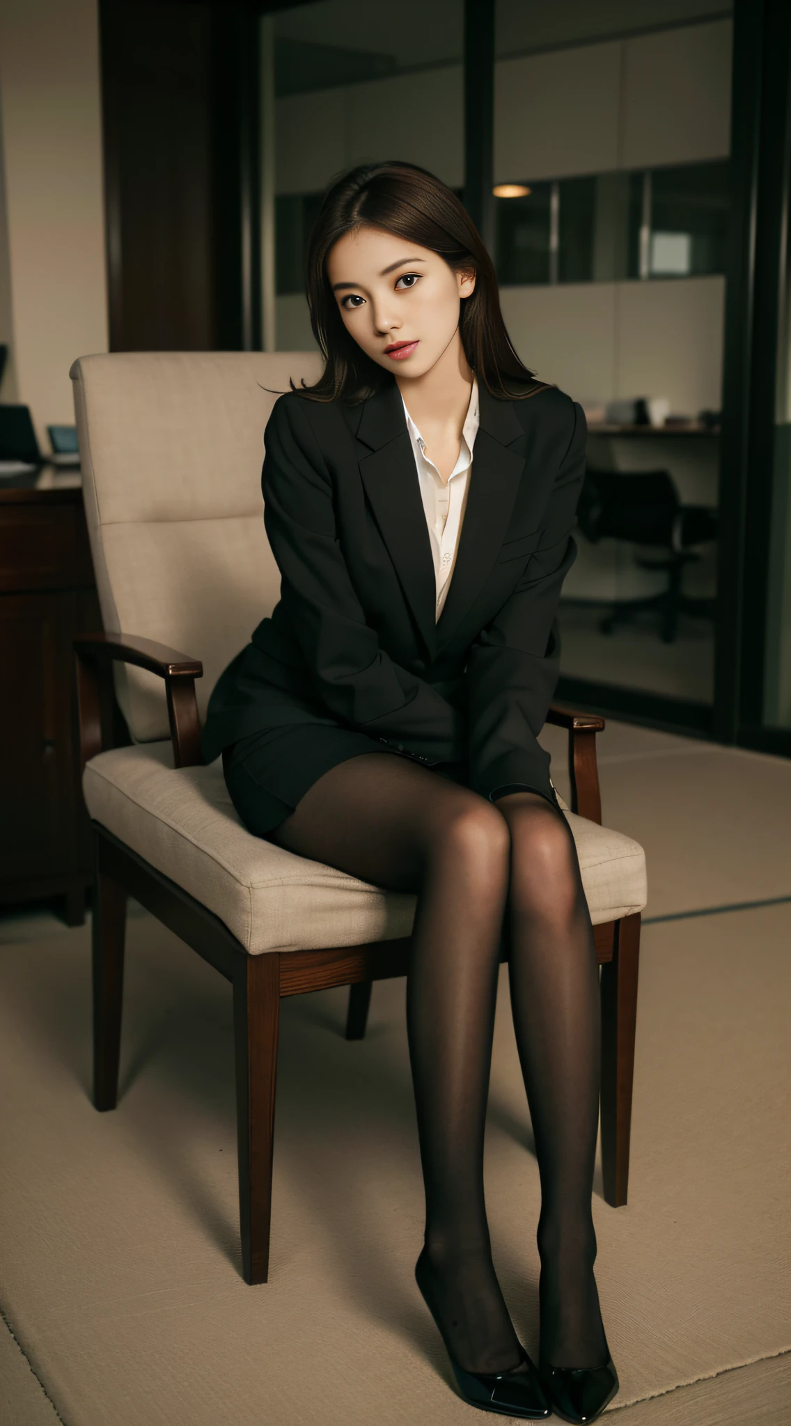 Best quality, Full body portrait, Delicate face, Pretty face, 16yo woman, Slim figure, Large bust, office lady uniform, office clothes, Sepia stockings, No shoes, Outdoor scene, Position to sit on the floor