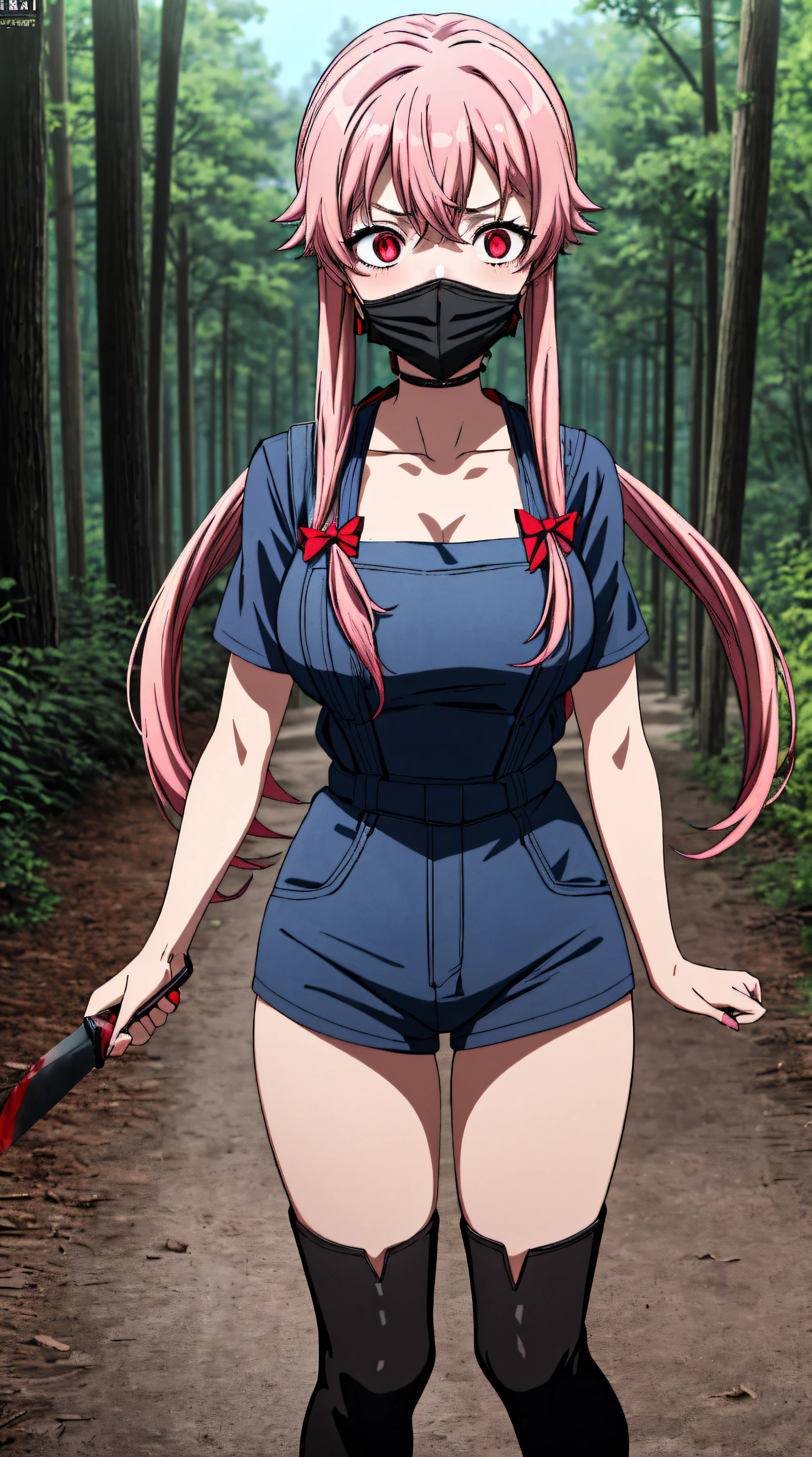 masterpiece, best quality, high quality, a woman with large breast in a woods, 1girl, breasts , , , pink hair, large breasts, twintails, long hair, solo focus, mirai nikki, black choker, dark grey overalls, leather gloves, black boots, ((face mask)), red eyes, chasing you through the woods, ((nigth)), crazy, ((crazy eyes)), ((crazy stare)) holding a bloody knife, (fanart of Gasai Yuno), (angry eyes), (perfect hands:1.4), (masterpiece), best quality, expressive eyes, VHS, ((nigth)), (Parfect Hand), 8k,