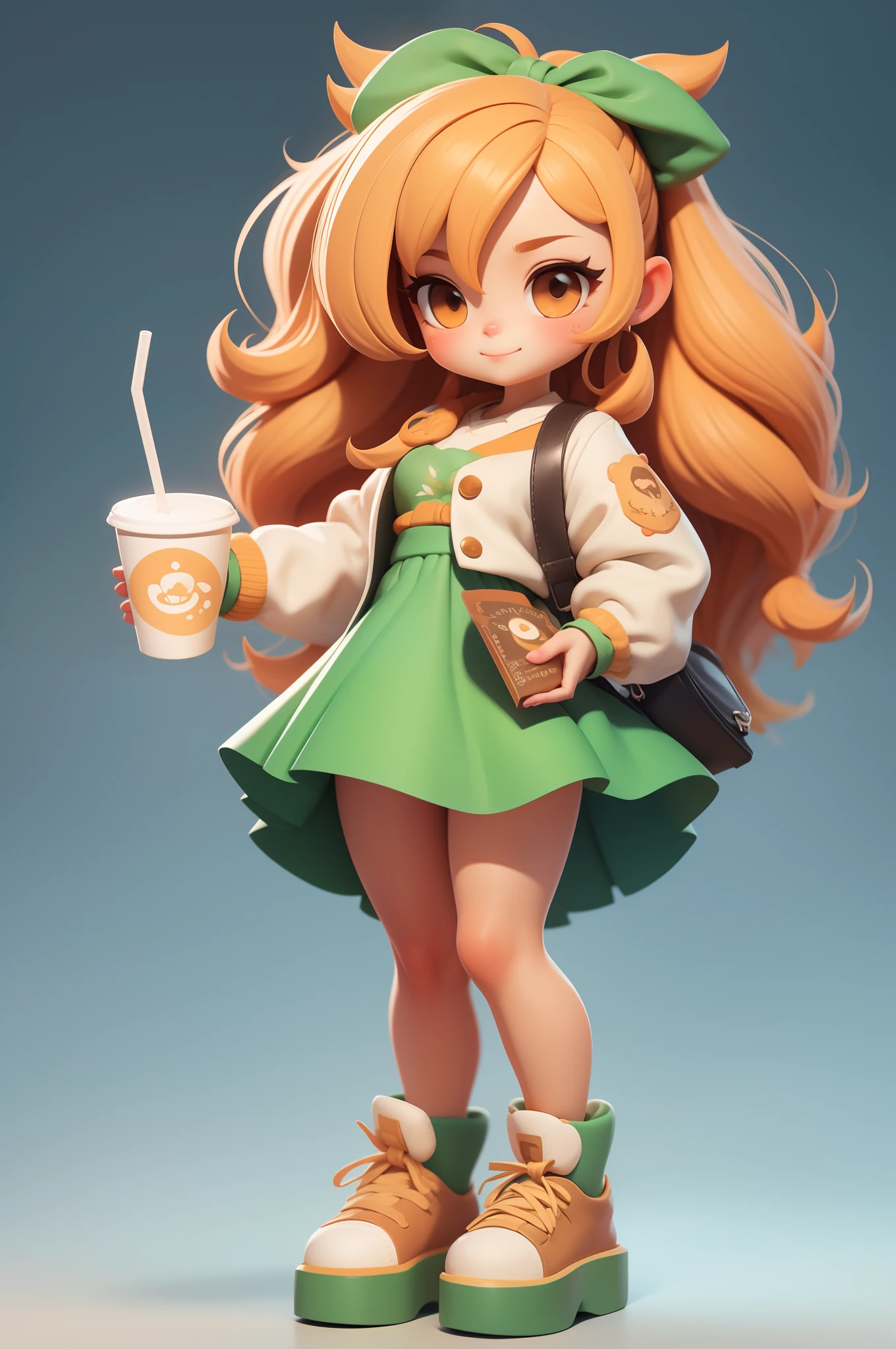 cute girl is holding milk tea cup, 3dmm style, masterpiece, full body, simple background, chibi style, green