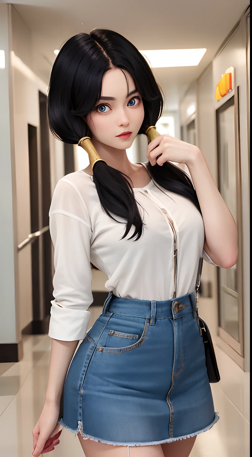 masterpiece, best quality,8k, highres, videl2, solo, blue eyes, black hair, twintails, medium breasts, cowboy shot, mall, high-waist skirt, perfect finger hand