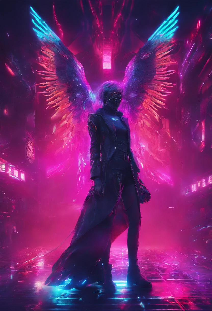 Cosmic Fallen Angel, glowing light eyes, Biomechanical, eerie, Creepy, nightmarish, Very bright colors, Light particles, with light glowing, Mshiff, wallpaper art, UHD wallpaper ,hand holding opium