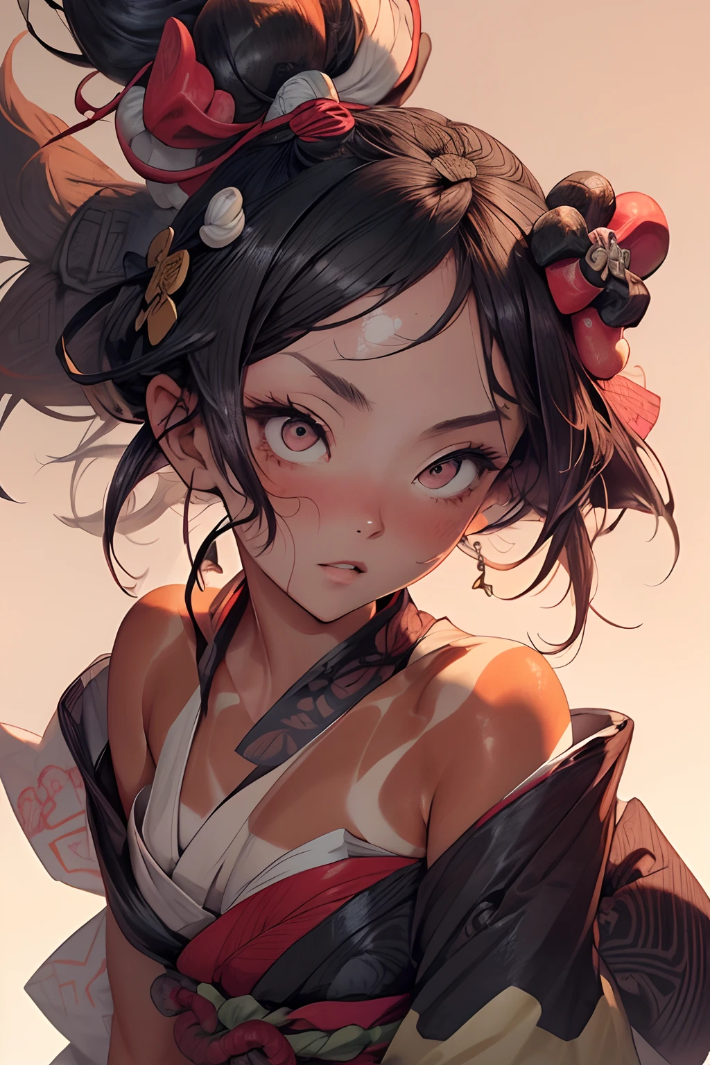 Barefoot woman(30-years old) , (strongly tanned skin:1.7)、 (White hair)、(Samurai style black and gold kimono:1.0)、(two swords)、Bare shoulders, Double eyelids, Parted lips,Solo,(cleavage)、delicate and sexy(鎖骨:1.3), (Shiny skin:0.8),(masutepiece:1.4),(Best Quality:1.4),glossy red lips, Perfect Abs, Wet(full of sweat)、low angles, (from below angle), High detailed skin, Skin pores,(Katsushika Hokusai-style light background:1.5)