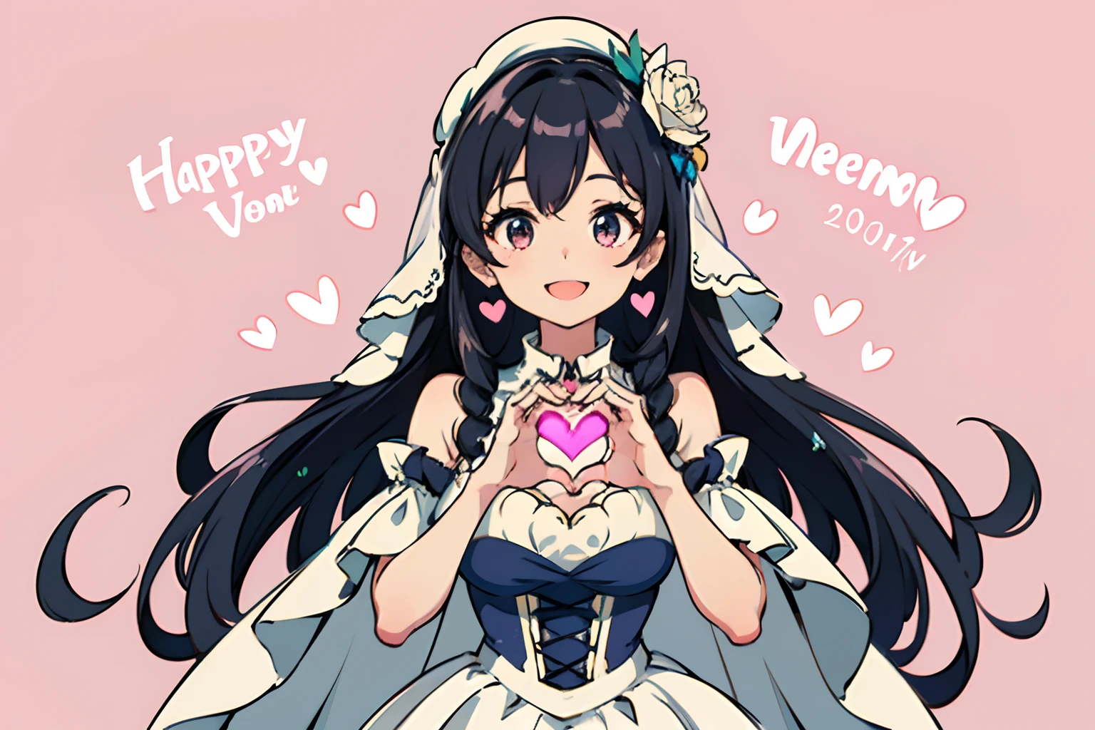 Best quality、超A high resolution、full bodyesbian、Pink background,Lots of white love heart patterns,Many hearts,Extremely colorful,A girl with long black hair,Holding a loving heart in his hand、Wearing a French wedding dress,The action is lively and lively,Cute happy smile