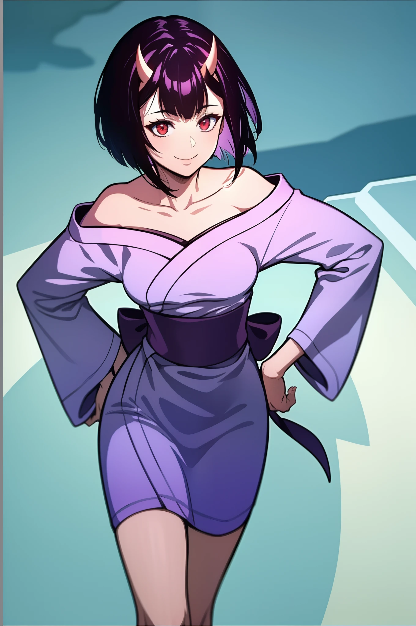 1girl, short hair, red eyes, horns, kimono, off shoulder, standing, facing viewer, smile perfect hands, good hands, hand on hip,