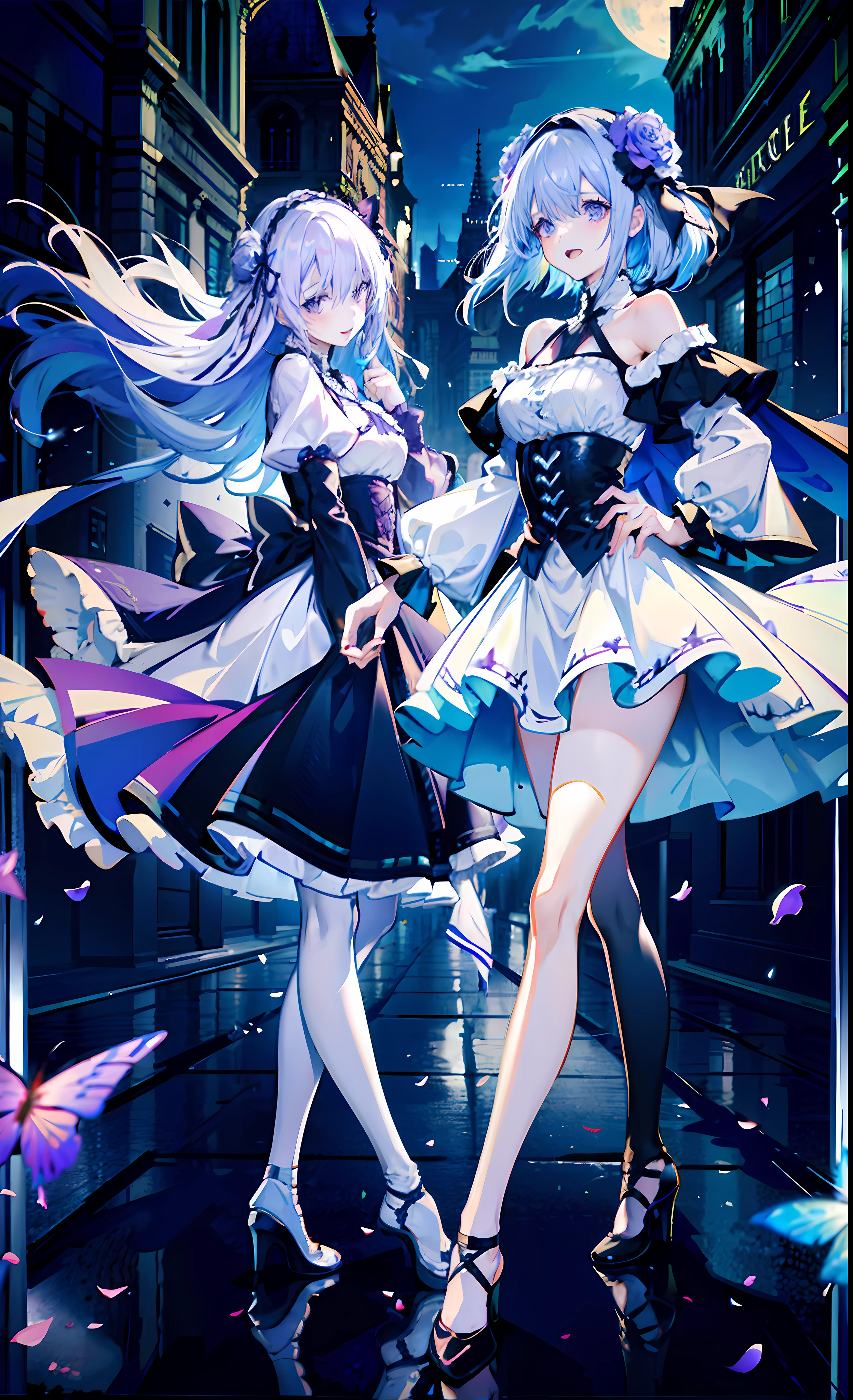 ((On the streets of the Middle Ages，2 girls，Twin sisters))，silber hair，butterflys，long whitr hair，8k wallpaper，detailedbackground，Highest high resolution，deep v big breasts，Hair over eyes，Bandeau，Purple roses，tight-fitting，themoon，stocklings，