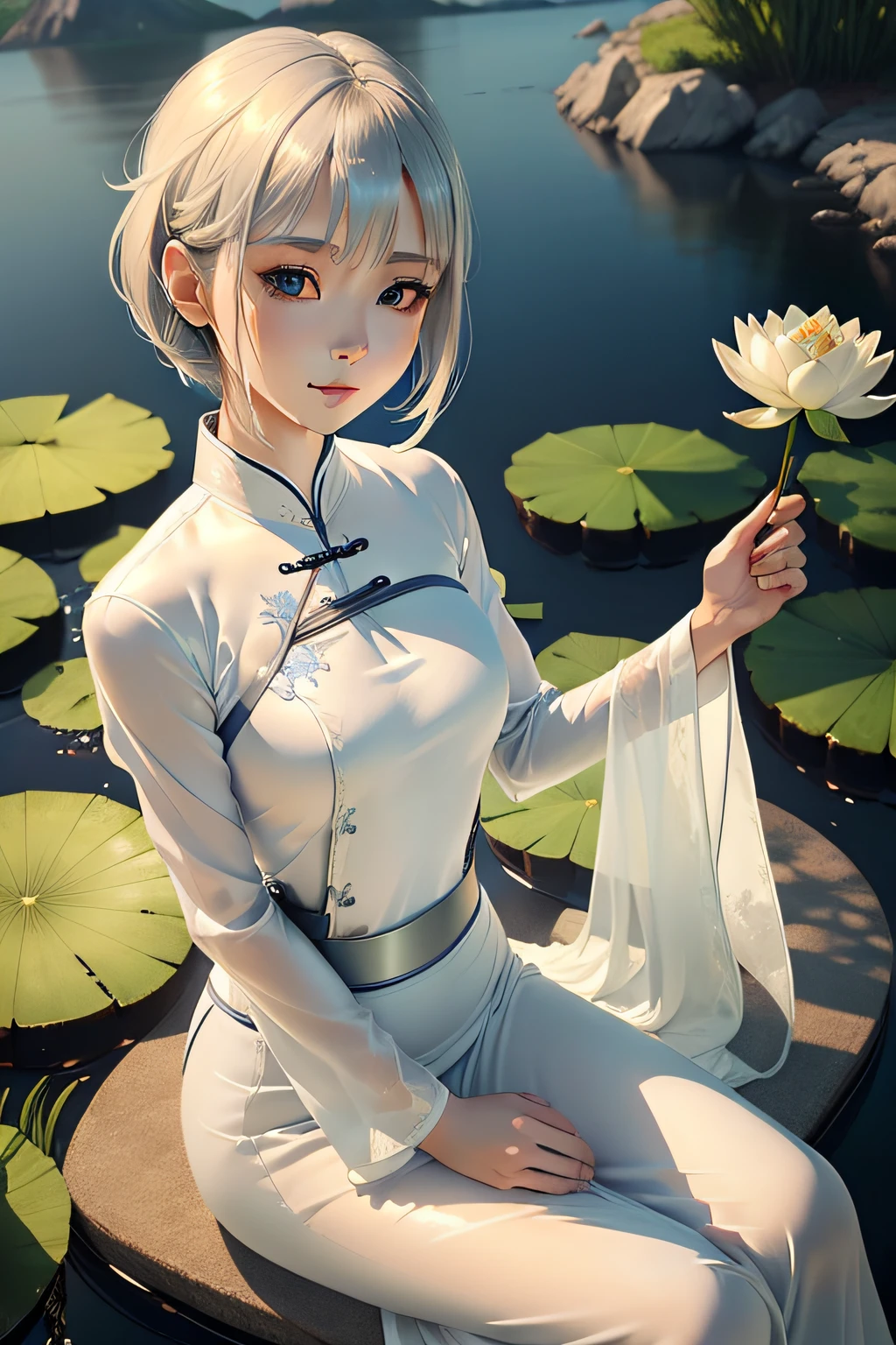 masutepiece, Best Quality, hight resolution,portlate, (((detail portrayal、8K分辨率))), (((Beautiful face drawn in detail))),Full Body Angle,Smirking expression、Solo, bright light blue eyes, ((Beautiful silky silver hair、a short bob、Short-cut hair))、(((Beautiful Ao Dai:1.3、Ao Dai,Beautiful White Ao Dai)))、plein air、Lake Lotus