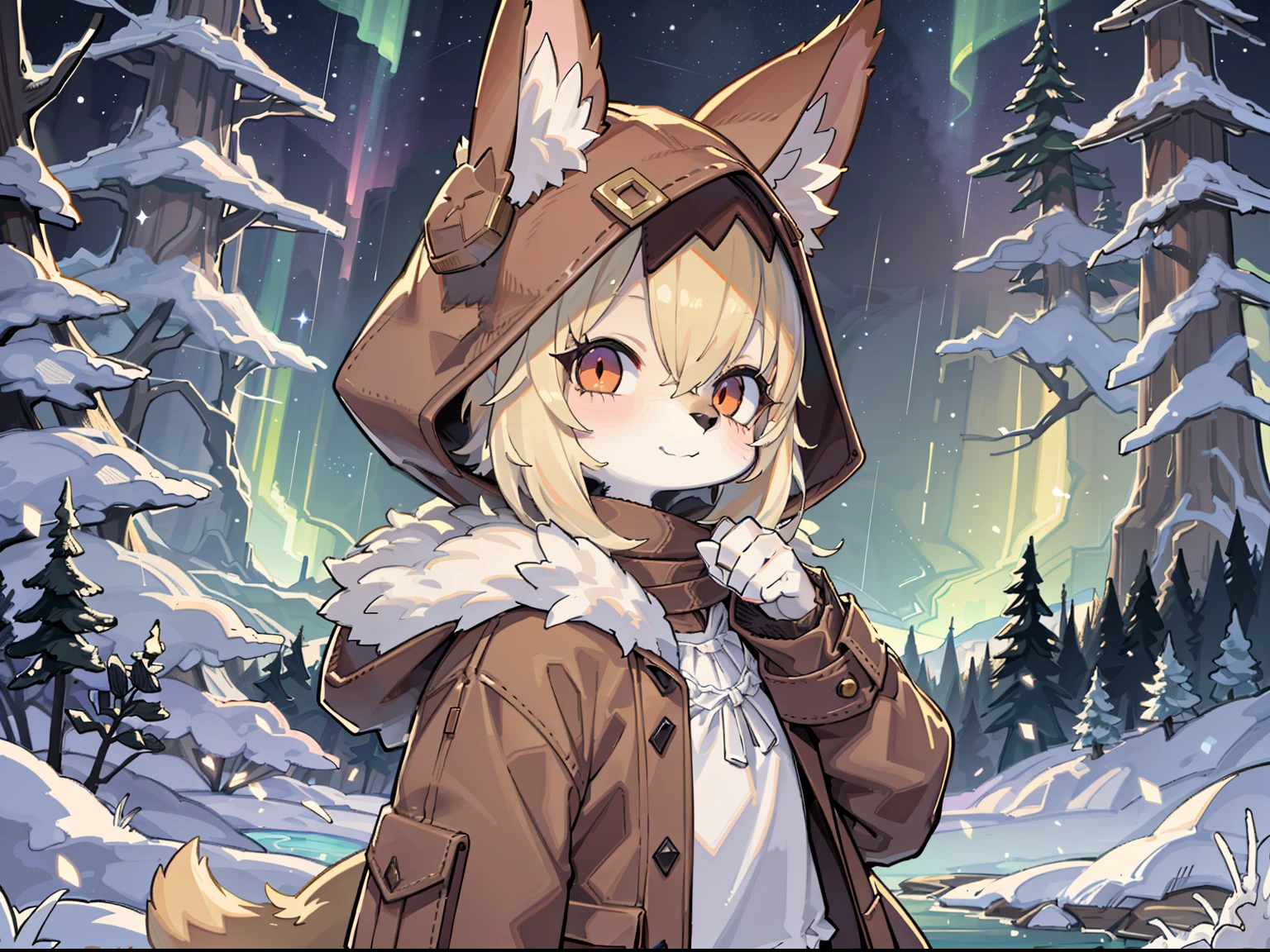 Shota the fox,hairy pubic,shaggy,Skin fur,Golden fur,Golden yellow face fur,Short straight blonde hair,Eyes have light,Red eyes,Brown elements on fur,Brown coat brown hood up,White top,brown shorts,Beautiful lights and shadows,Ambient light,Ultra-fine fur,volumettic light,natural lightting,fox tails,Fluffy tail,No Man, Glowing tree,Lake, dark scenery, rain,Night,starrysky,Vast landscape,crossed bangs, Hairline, Shiny hair, lone nape hair, ,The smiley face has a faint blush,Sleepy,(Oversized Full Moon:1.2),(meteors:0.9),(Starcloud:1.3)(Warm light source:1.2),aurora,nevando,snowfield, Extra-long sleeves, Purple and orange,Complicated details,Volumetriclighting,Realist breakthrough(tmasterpiece:1.2)(best qualtiy),4K,Ultra-delicate,(Dynamic configuration:1.4),Highly detailed and colorful details,(Irridescent color :1.2),(luminouslighting,Atmospheric lighting),dream magical,magic,独奏,Glowing light,Light blush, ,Single