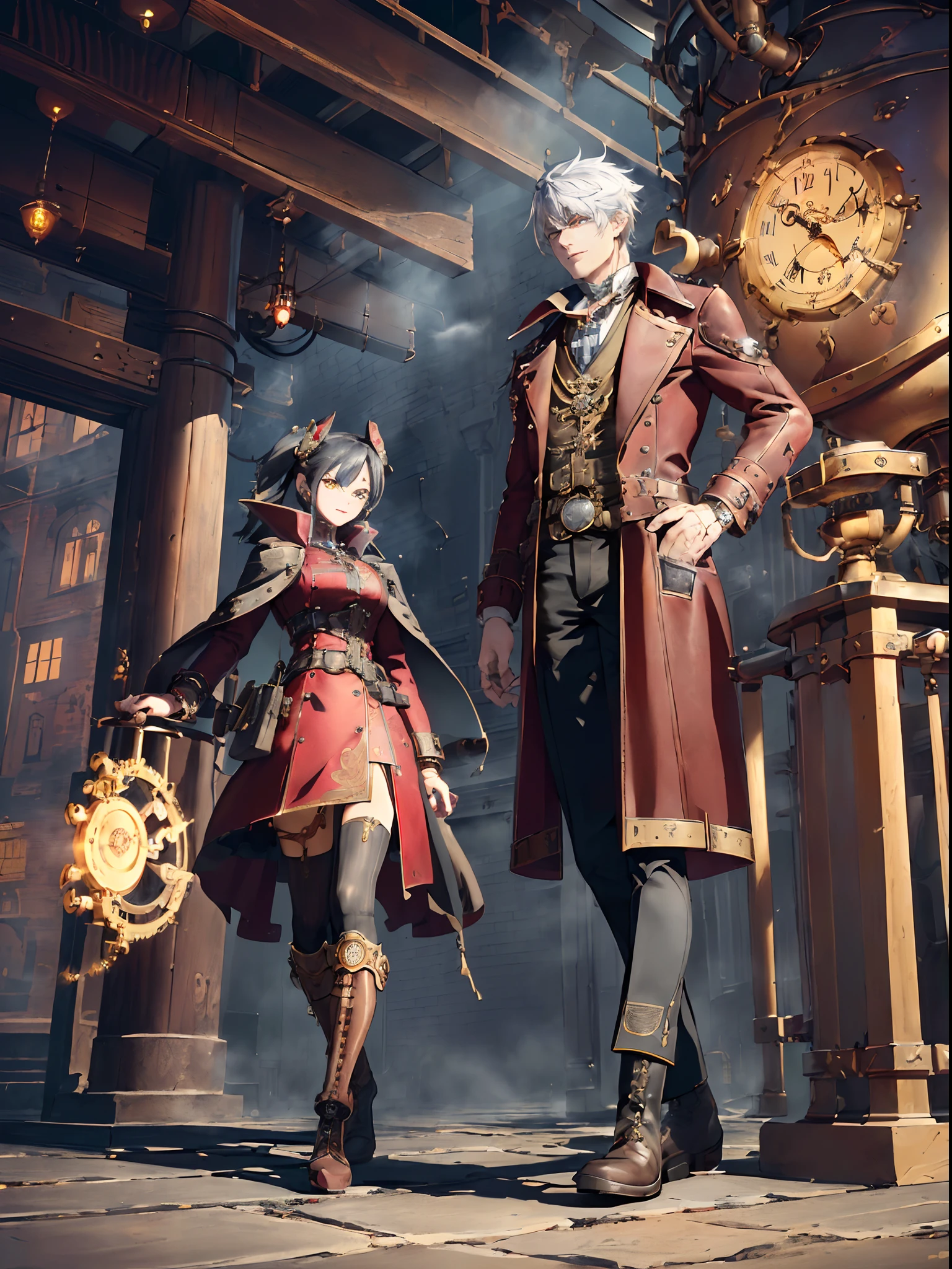 masterpiece,Ultra-fine 8K,超A high resolution,Detailed description,Smooth depiction,Accurate rendering,The Golden Rule,(London、Victorian culture:1.8)、((Equipped with a reinforcement mechanism that moves with countless gearolomi、Beautiful golden cat eyes:1.3),Whitening skin,Western-style beautiful girl in anime style,Wearing an antique leather coat with steampunk-style gear and red lines with watch decorations,Metallic boots,(steams、Vast steam:1.8)、Complex cities、Expressed in detail、Complex structure with pipes、A city studded with countless steam and gears、Eventide、high sky、Full body depiction,Splash Art Style,
