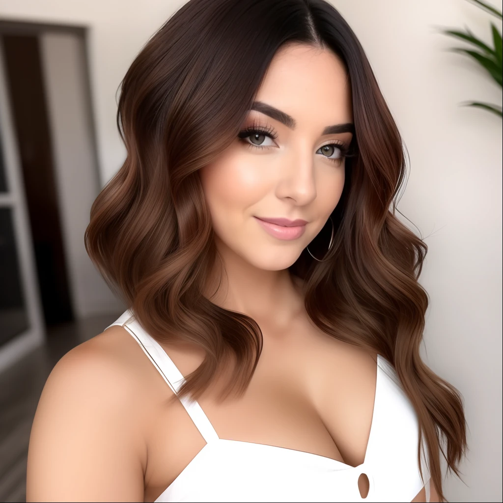 Mujer linda con cabello marron . Una influencer linda y conquistadora. Es real y la imagen a 4k