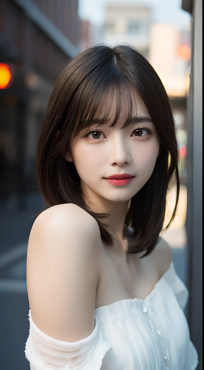 randome pose, mix4, (8K, Raw photography, top-quality, ​masterpiece: 1.45), (realisitic, Photorealsitic: 1.37), one girls, cute little, A smile、Cityscape, natta, profetional lighting, photon maping, Radio City, physically-based renderingt, Gradient black hair, white  hair, Long, a handsome, girl with, tiny chest,Dress-off shoulder, top quality photo, hight resolution, 1080p, (clearface), (Detailed face description), (Detailed hand description), (​masterpiece), realisticlying, extreme light and shadows, dishevled hair, ​masterpiece, lush detail, (Fine facial features), (Highest Quality Photos), (​masterpiece), (finely eye), dual、Look in front of you, Fine clavicle,Emphasis on the armpits、Show lower milk
