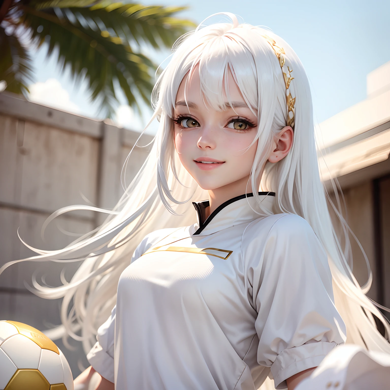 best quality, white hair, gold eyes, white clothes, looking up, upper body, hair strand, Fair skin, smiling, Playing Soccer