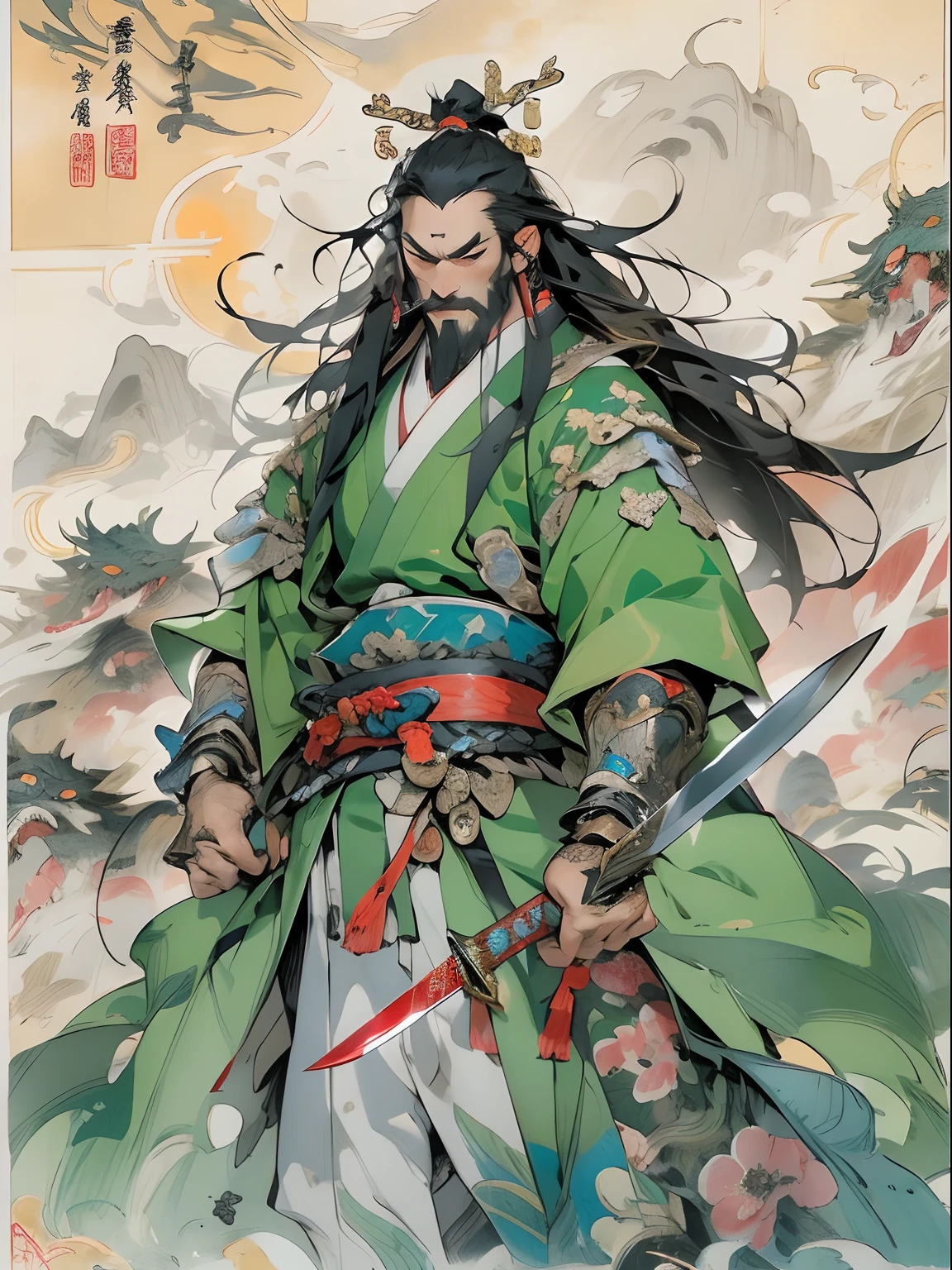 (((China-style，Ink painting method，Half-length portrait，Intense color，Han dynasty, China，Hanfu，Armor，Guan yu，Guan Yunchang，of a guy，Ruddy killing square face，Hold the Blue Dragon Moon Knife in his right hand，Stroke your beard with your left hand，Long hair，petty eyes，Green robe))), (((best qualityer))), (((tmasterpiece))), (((AS-Adult))), ((( Japanese ))), Look up from your knees, Handsome Asian samurai，perfect body figure, Modern samurai, ((( Asian))), Wear gloves on your hands，The left arm is made of steel and metal tips，Made of protective devices, The eyes are pulled, (( Appears below the chest )), (( Small dental floss )), Simon Bisley, Almost naked（Simon Bisley）Castle City Wilderness，For high-resolution posters, hair straight, Minimum clothing, armure (Crazy clothes ), Full of tips and rivets, tribal tattoos, (((full bodyesbian))), Straight brunette hair，Colored hair ends