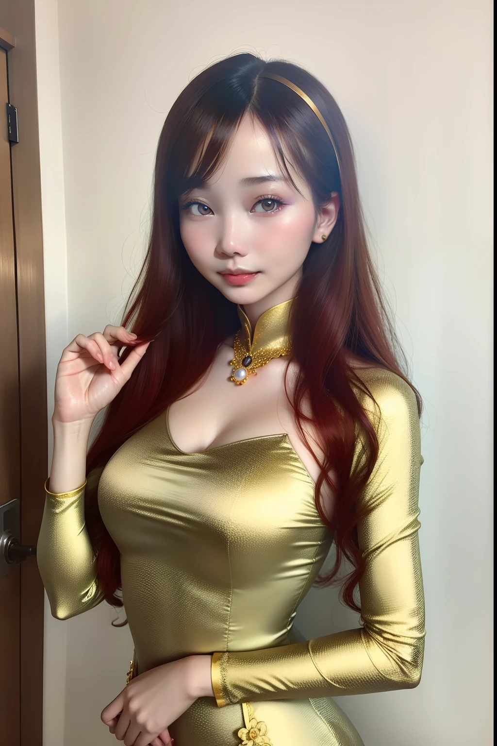 There is a woman in cheongsam, 2 7 years old, 2 8 years old, 2 9 years old, 3 2 -  - old, Delicate Makeup, Ye Wen, 2 3 years old, Round face, Cute Liane, Gold tiara, Pearl Necklace, Jade Hairpin