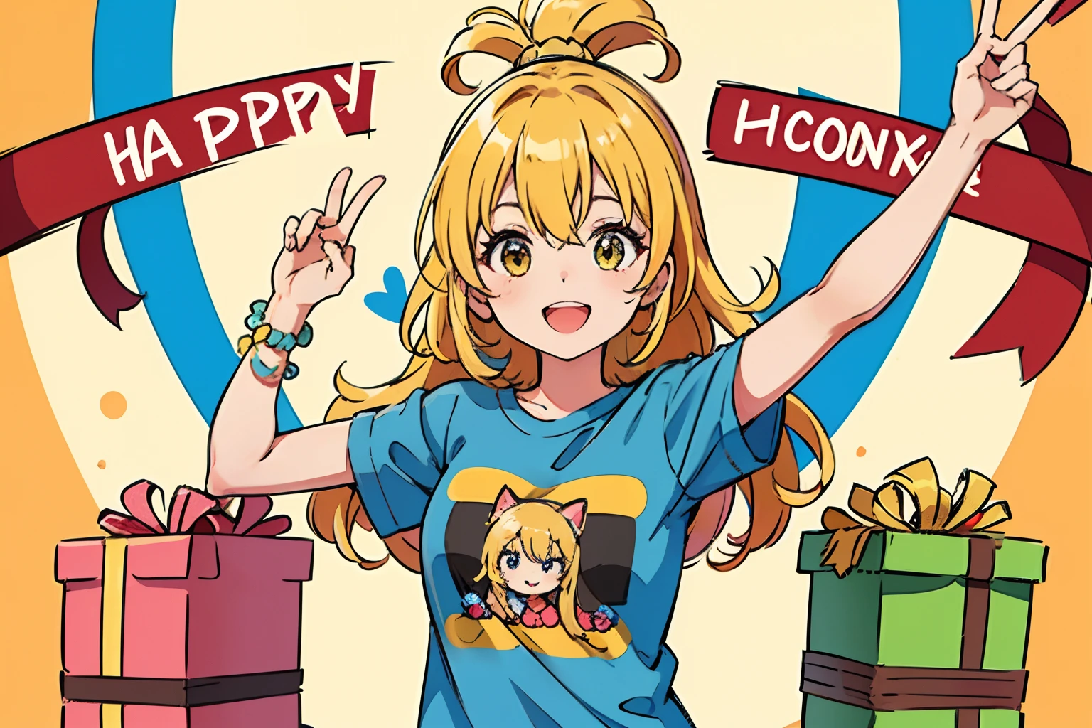 Best quality、超A high resolution、full bodyesbian、Sunny,Girl opens gift wrapping,Long-haired girl,Cute and lively girl、cheerfulness,Lots of gifts,Wear a boyfriend-style loose T-shirt、The action is lively and lively, Cute happy smile