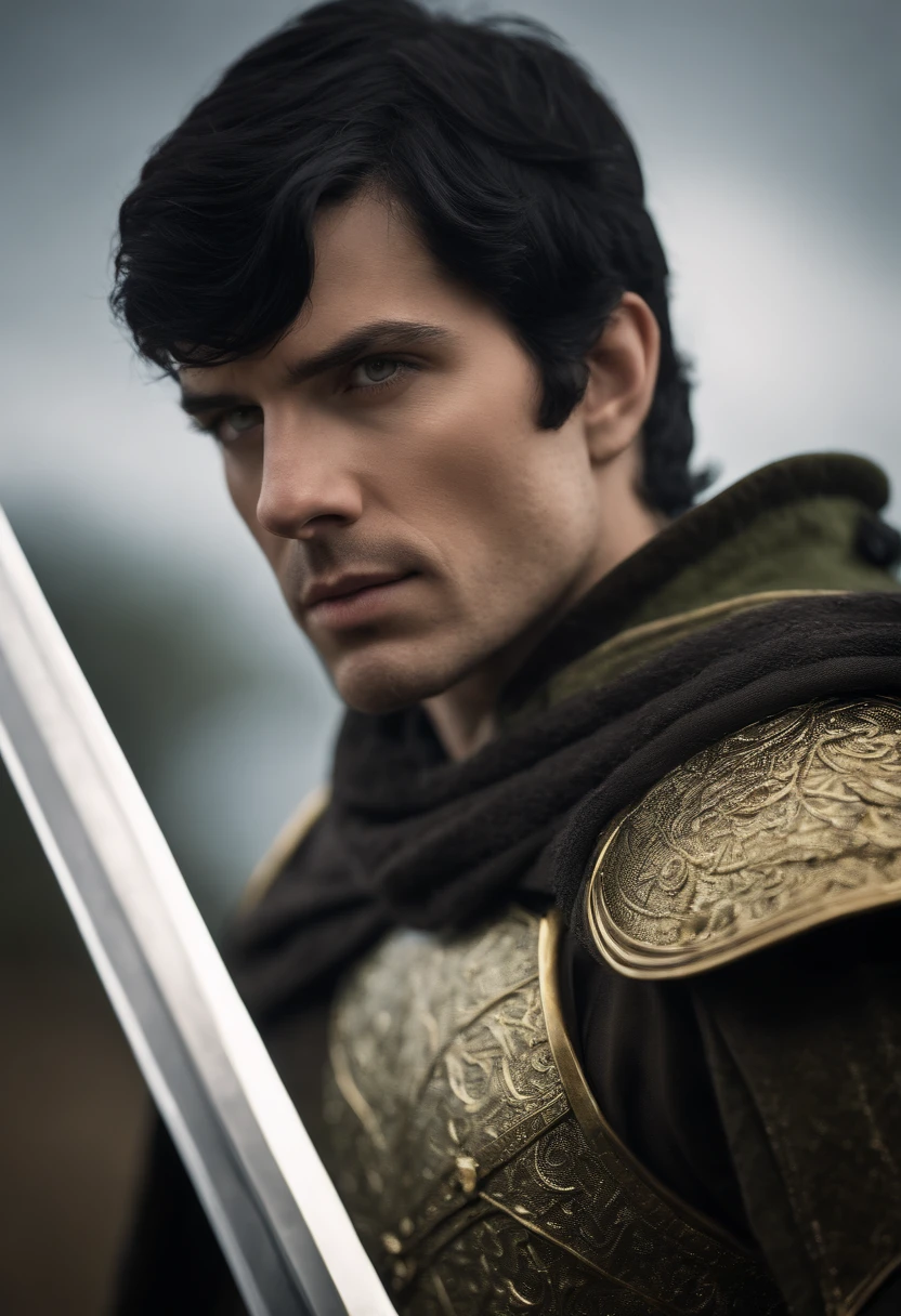 short black hair, green eyes, wearing knight armor silver, gold color, with cape green, with holy sword.