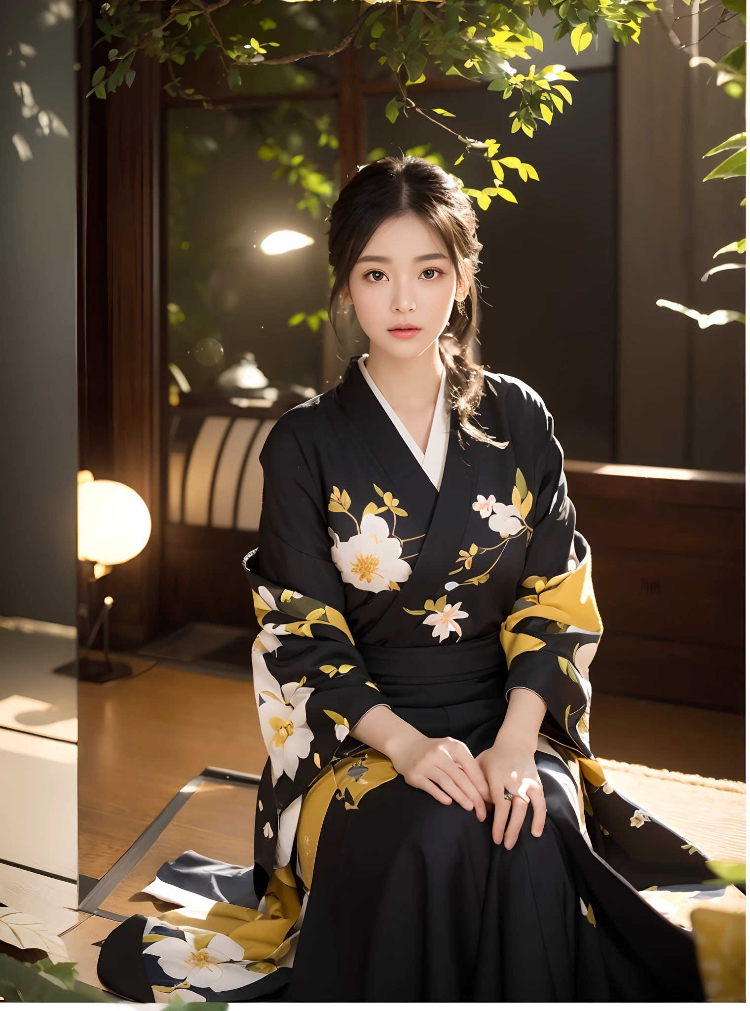 (Photorealsitic:1.4), (Beautie、(Photorealsitic:1.4), (( (Photorealsitic:1.4), (Beautie、American 0.1 : Korean 0.1 、cute little、Lashes、big eye、Perfect eyes and perfect mouth、realisitic、Top image quality:1.0), (超A high resolution:1.0), 8K, Raw photography, (masterpiece:0.2), (pureerosface_v1:0.5)、(Best Quality Detail:1.2)、realisitic、8K、hight resolution、(1girl in:1.2)、The ultra-detailliert、High quality textures、intricate detailes、detaileds、Very detailed CG、High quality shadows、Detail Beautiful delicate face、Detail Beautiful delicate eyes、depth of fields、Ray traching,1girl in, japanaese girl, Cute, slender, Golden kimono, Kimono with Japanese pattern,Floral scrunchie, Beautiful skin, Facing the front,Stand Straight Ahead、Train your hands elegantly, Country of Japan,potted plant、pine trees、Japanese garden,Luxury Japanese-style room, (Realistic:1.3), Finely detailed, quality, (masutepiece:1.2), (Photorealistic:1.2), (Best Quality), (Intricate details), Drama、 ))
