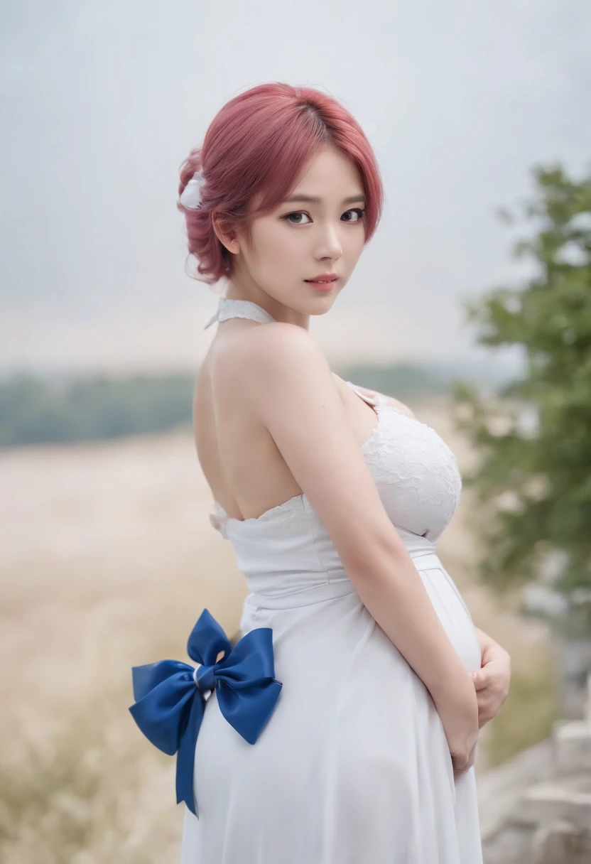 (独奏),(1girll),
(Masterpiece),(tmasterpiece),(top-quality),
((very Bigger breasts)),((ultra huge breasts)),((Ultramammy)),nedium breasts,((Medium pregnancy)),
(()),((barechested)),
((Girl with pink hair)),((Big blue ribbon on the back of the girl's head)),(Bangs straight),(Short hair and straight hair),Yellow eyes,Hair Bow,
(blue open sky)(White clouds),(Japan building),
((arms back behind)),