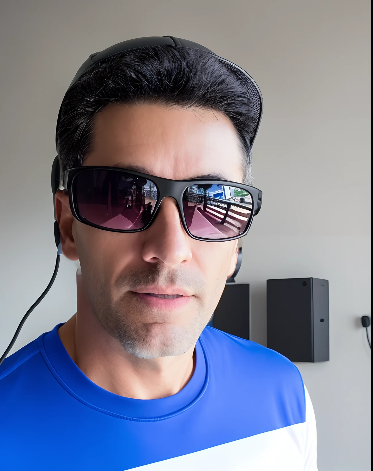 There is a man wearing sunglasses and a black gym jacket. With black jacket. about 35 years old, Portrait taken 8K, (35 years old), Close Up portrait photo, Wearing black cap. With black cap. In a neon futuristic room, wearing Oakley sunglasses, 35 years old, he is about 35 years old, he is about 35 years old. With headphones and sunglasses. Ultra HD image. 8k.