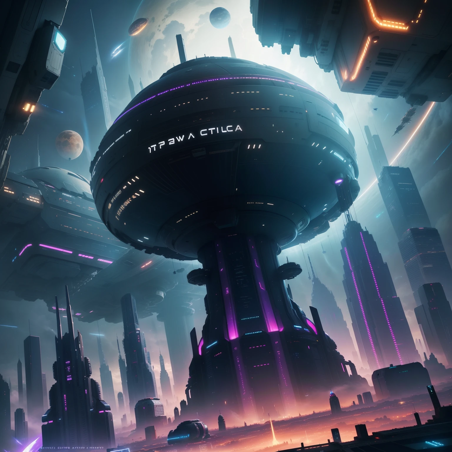 Space City、Futuristic cities、floating in the universe、cyberpunked、skyscrapers line up、A space station、top-quality、​masterpiece、２４century、dream、utopian、New World、World of Dreams、Fantasia、𝓡𝓸𝓶𝓪𝓷𝓽𝓲𝓬、Beautiful city、８Ｋ