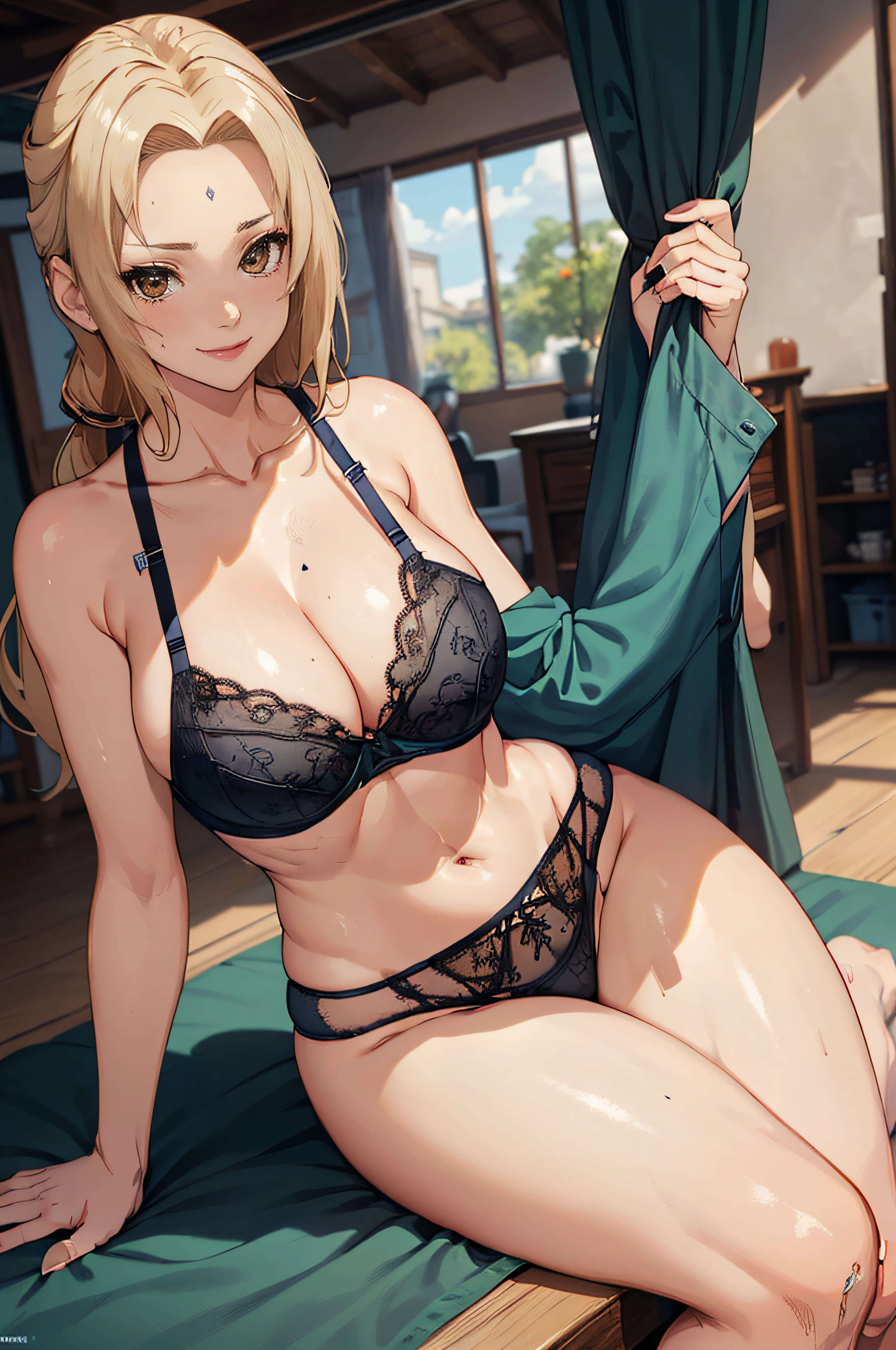 T5UN4D3, Marcas,Tsunade, ((erotica, sensual, lasciva))、(MAGRA)), ((PEITOS ENORMES)) (((((LINGERIE, SUPER SEXY, LASCIVA, EROTICA))))) 8k, 1girl em, solo,clivagem da mama,(obra prima:1.4),(Qualidade de imagem superior:1.4),(Pele brilhante),Tsunade_senju、um sorriso、Coxas grandes、bunda grande,