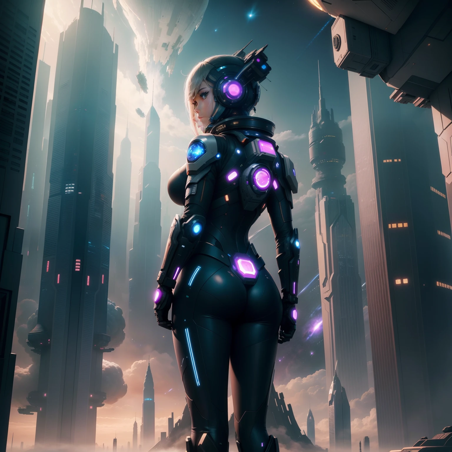 Space City、futuristic cities、floating in the universe、cyberpunked、Skyscrapers are lined up、A space station、top-quality、masterpiece、24century、dream、utopian、New World、World of Dreams、Fantasia、𝓡𝓸𝓶𝓪𝓷𝓽𝓲𝓬、Beautiful city、8K