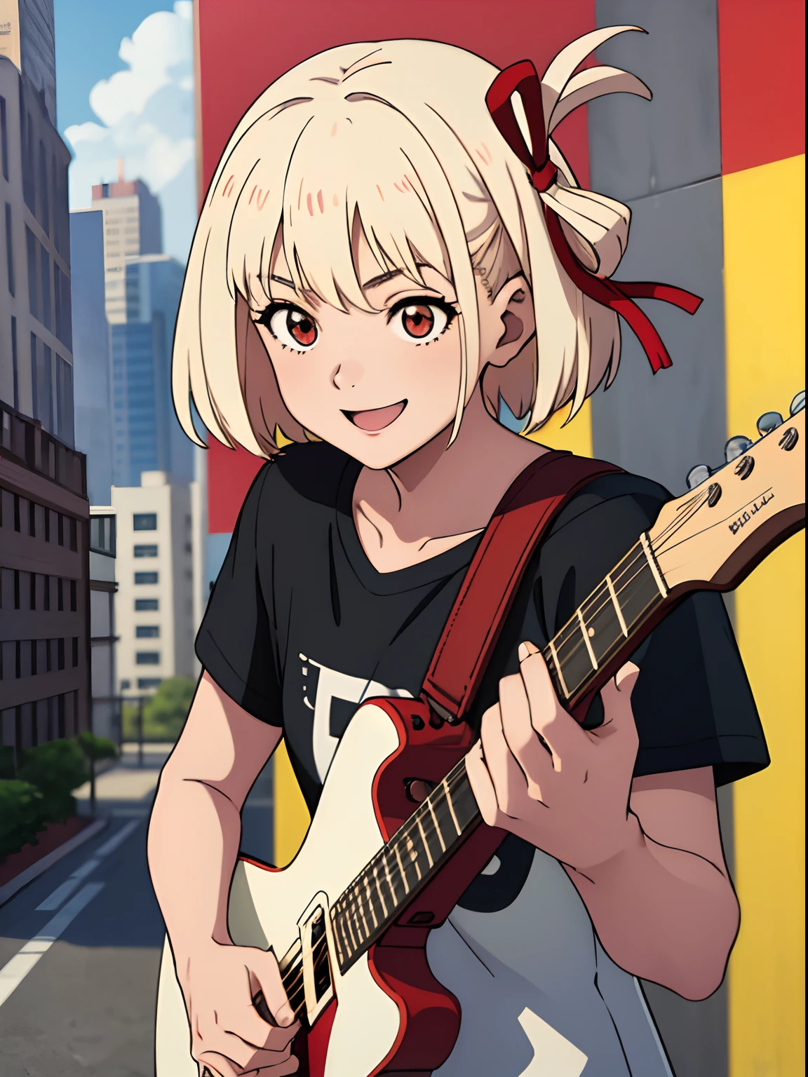 (masterpiece、top-quality:1.2)、((facing front:1.2))、A big smile、With bangs、Young woman at 、((The upper part of the body:1.2))、Promotional Art、offcial art、platinum-blonde、Red ribbons、Amber eyes、 Plain and Black, Bright eye, Wear a T-shirt, Playing guitar in the city, Facial poses and axes, Squeeze of joy, SNES Painting