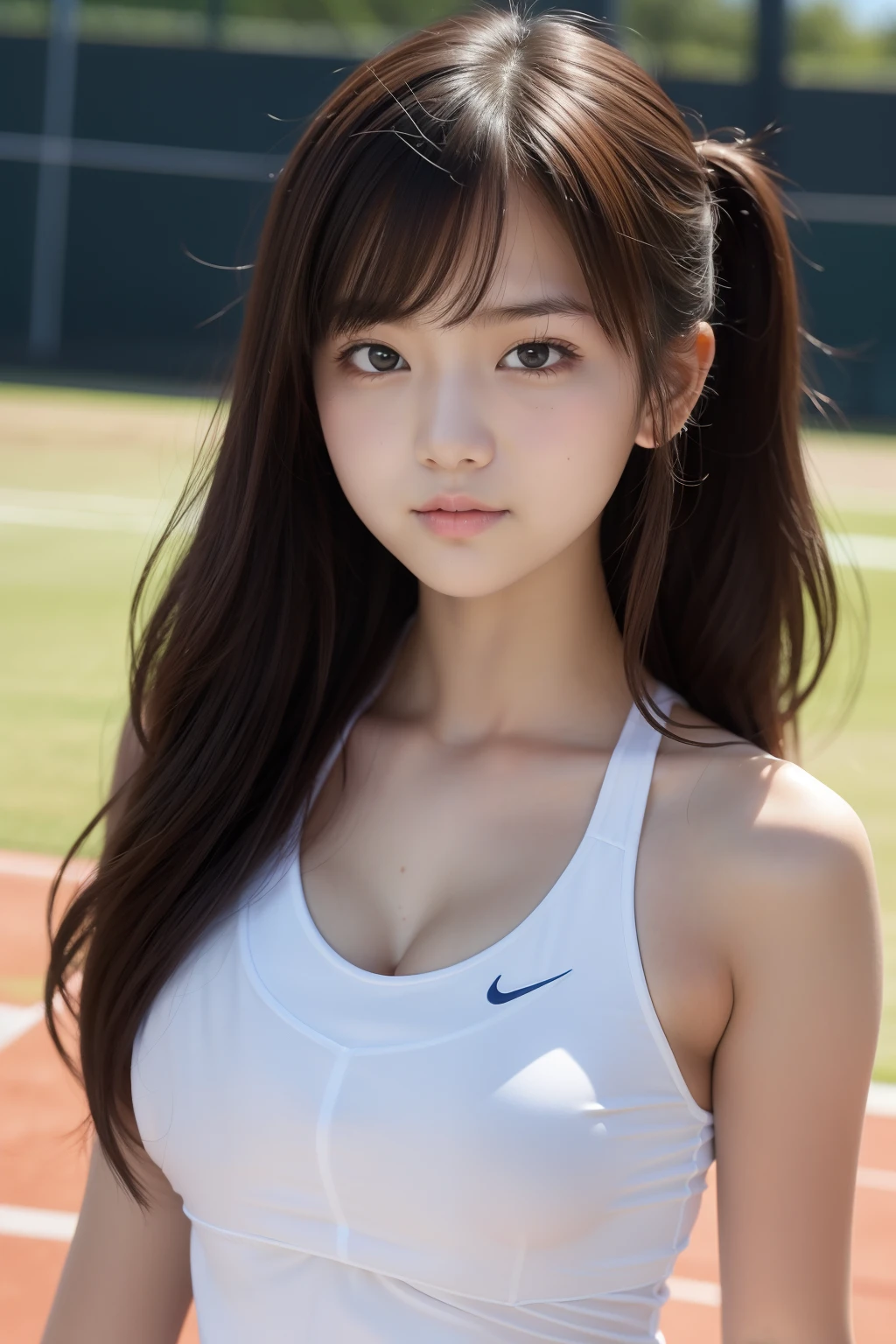 8K、Detailed Description、Very high definition、Realistic、reality的、Real、live-action、reality、High resolution、Nogizaka46、japanese idol,beautiful girl、21 years old、profile,Daytime、baseball Ground、Dark brown eyes,light smile,Mouth closed、ponytail、Knee-up-top angle of view、Back view、look back、Very black hair、pretty girl、Beauty、Glowing Skin、Glowing Skin、Shiny Hair、Hair blowing in the wind、Very white skin、Heavy makeup、Large Breasts、Slit eyes、Dark brown eyes、Big Eyes、Double eyelids、Don&#39;t show your teeth、Look at this and laugh、clear、cheerleader