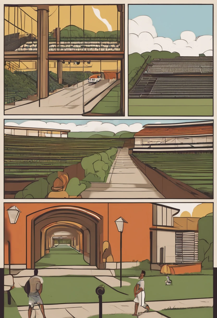 Criar uma imagem de cartoon, not proportional to the real asymmetry of the Pampulha region in Belo Horizonte, Merging iconic sights like the Mineirão stadium, igrejinha da pampulha, mineirinho com a vida cotidiana em barracos e aglomerados, Balancing architectural beauty with social reality.